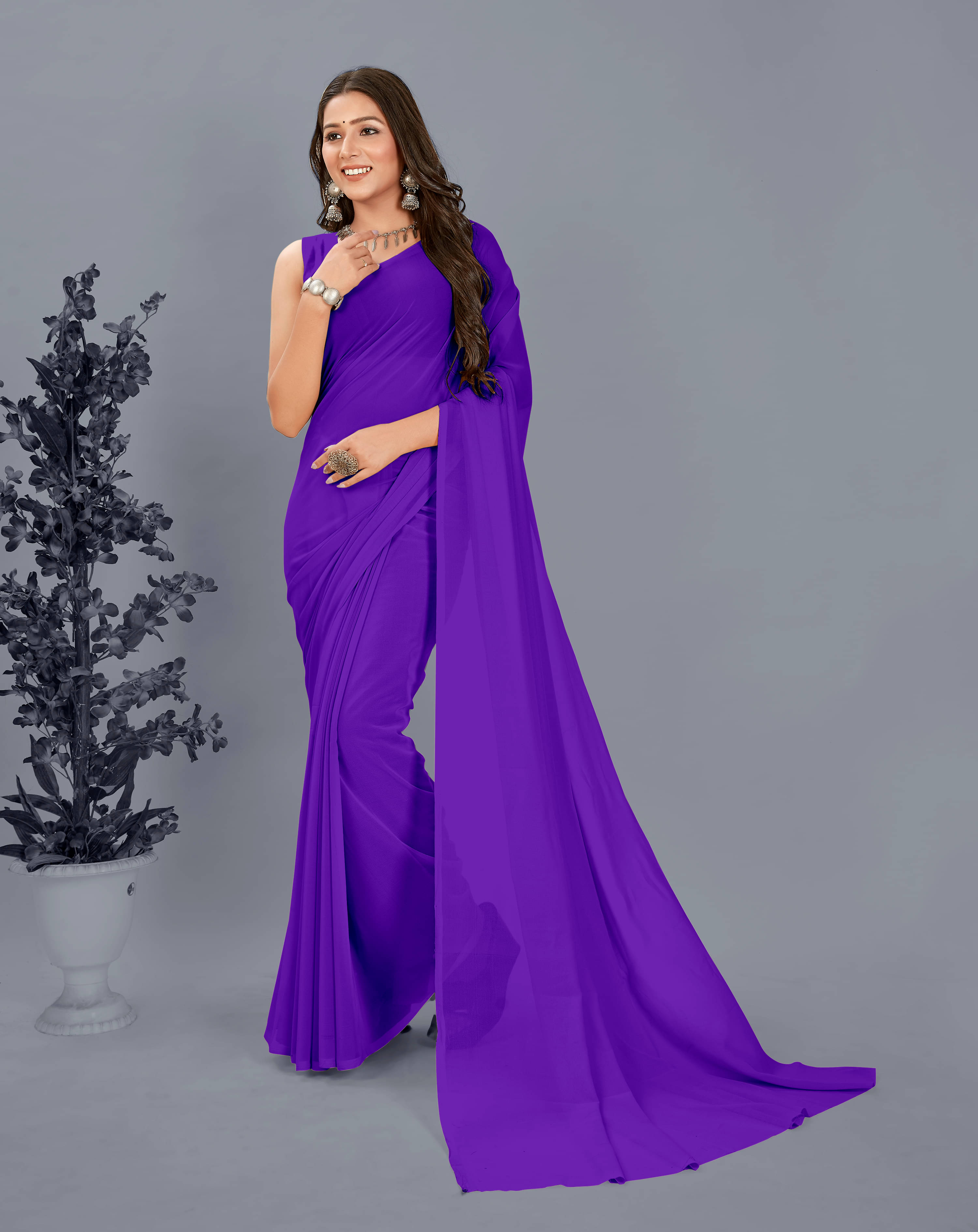     			ANAND SAREES Georgette Solid Saree With Unstitched Blouse Piece ( Blue )