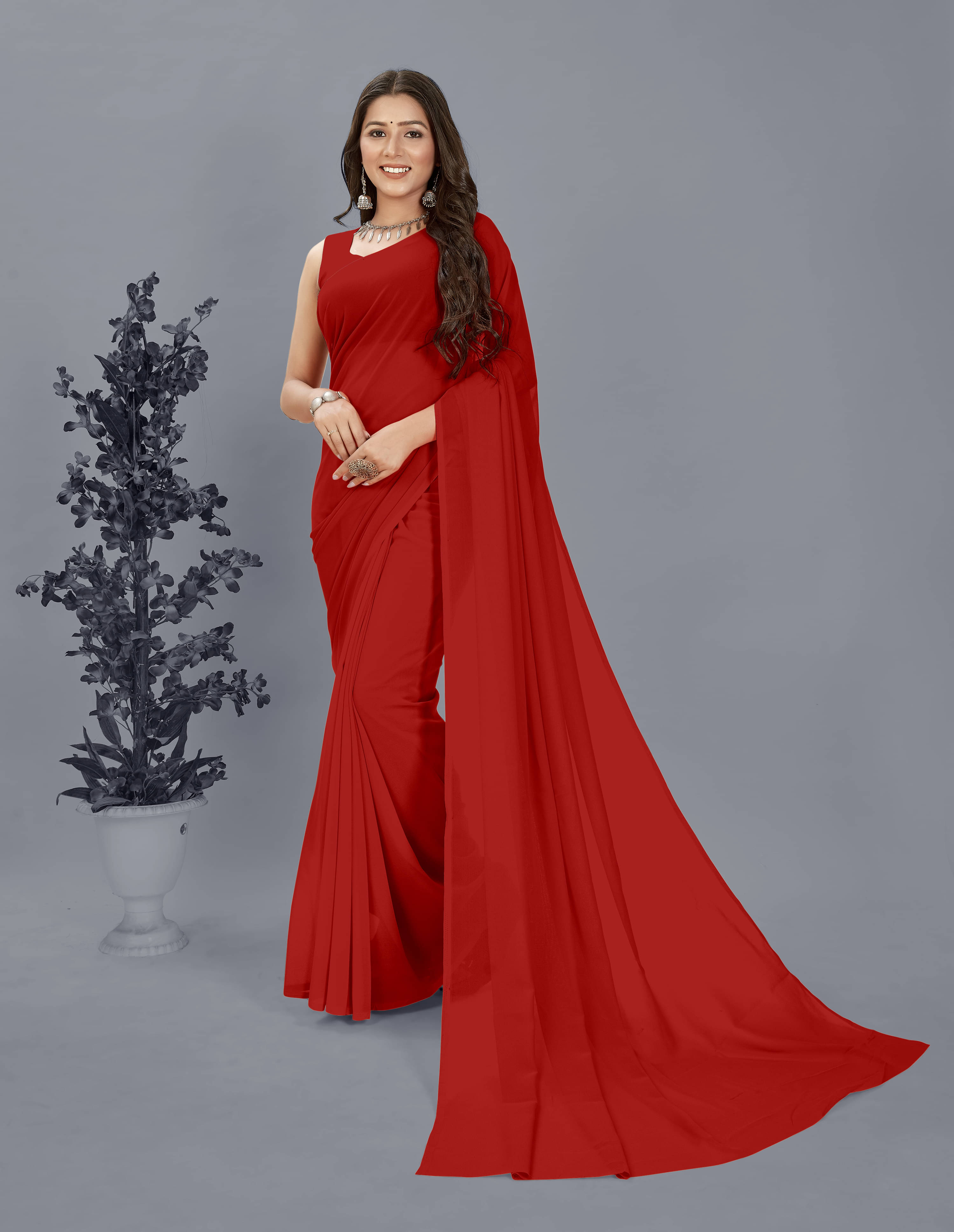     			ANAND SAREES Georgette Solid Saree With Unstitched Blouse Piece ( Red )