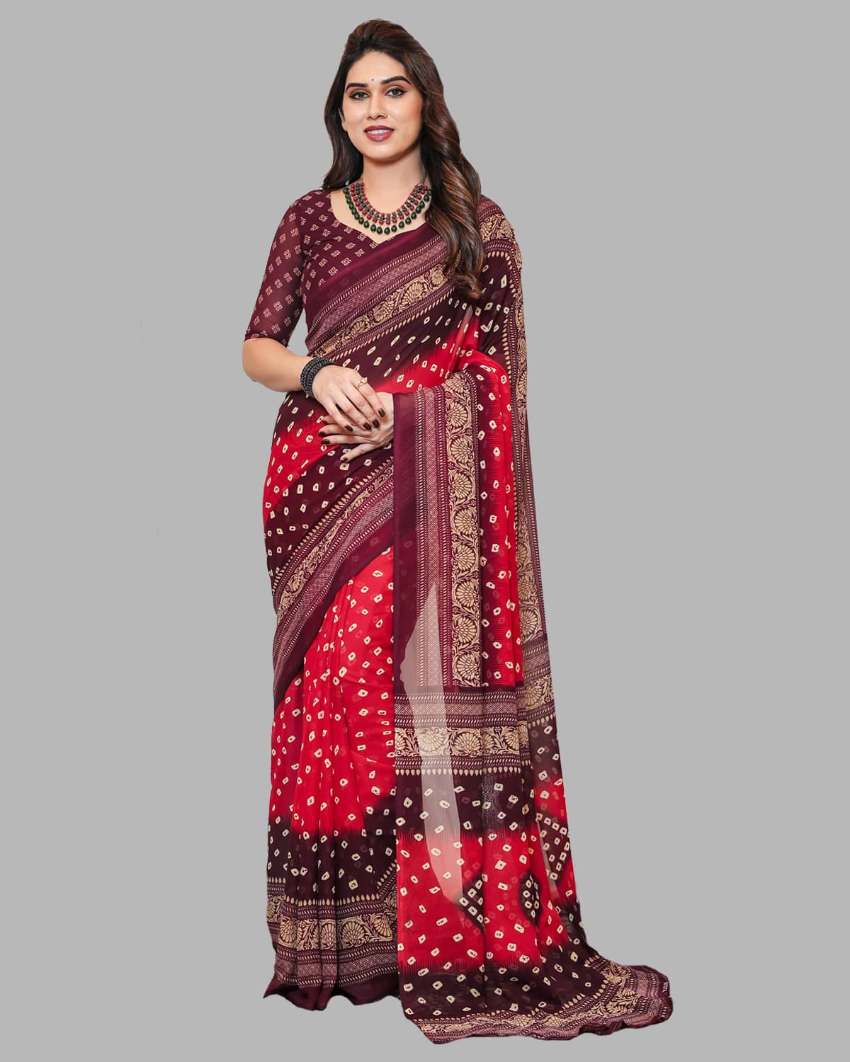 ANAND SAREES Georgette Printed Saree With Unstitched Blouse Piece ( Red ) ANAND SAREES Georgette Printed Saree With Unstitched Blouse Piece ( Red )