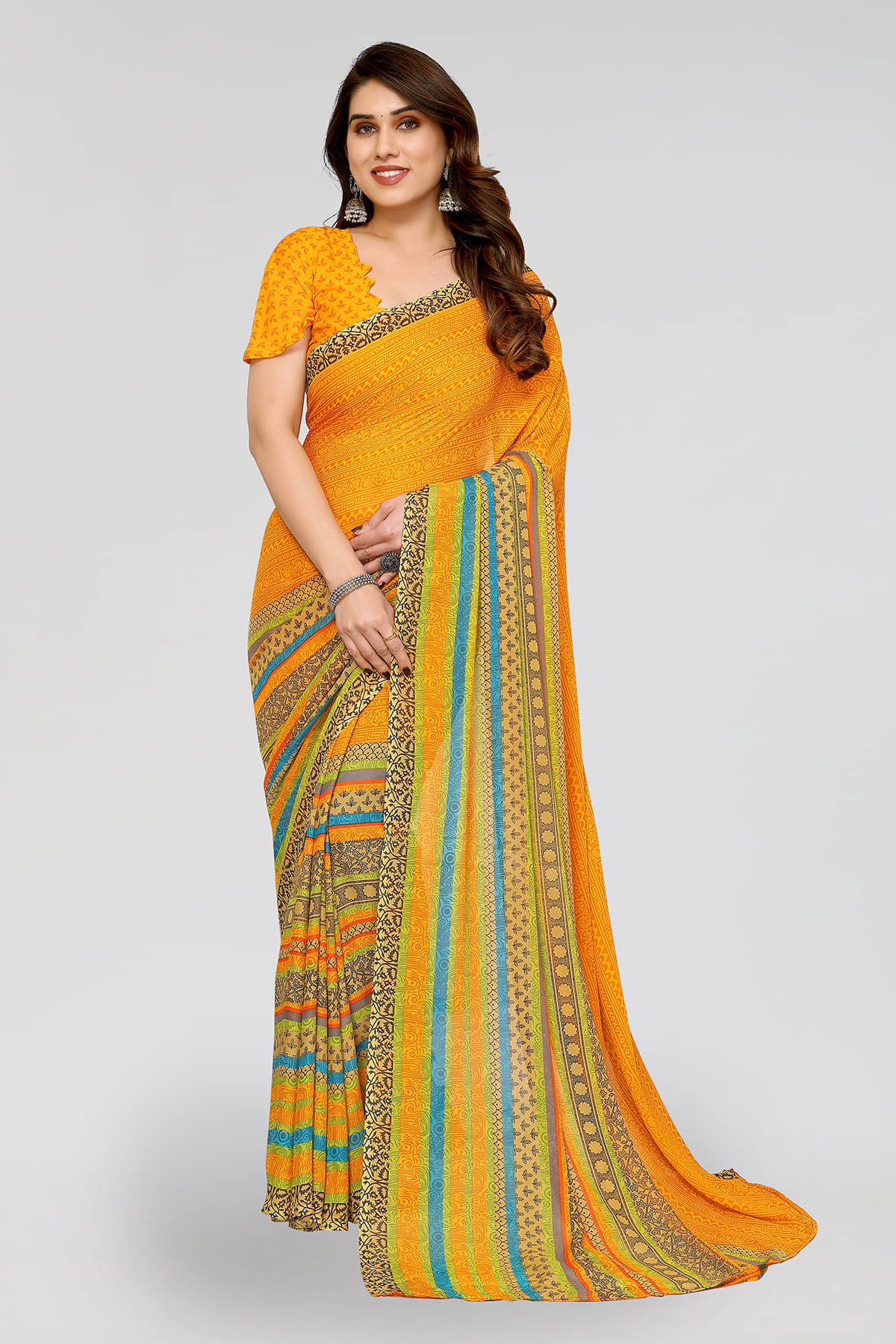ANAND SAREES Georgette Printed Saree With Unstitched Blouse Piece ( Yellow ) ANAND SAREES Georgette Printed Saree With Unstitched Blouse Piece ( Yellow )