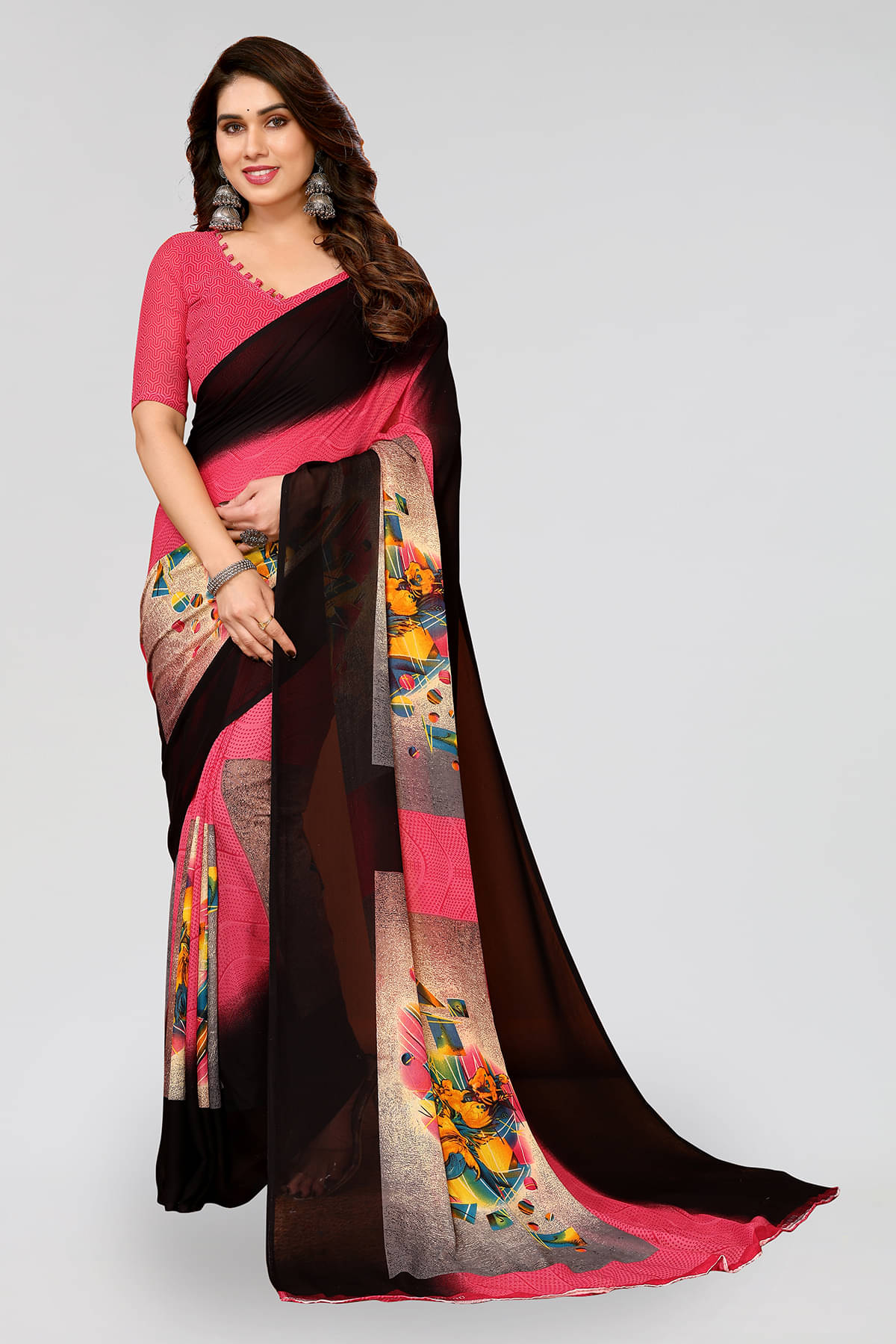 ANAND SAREES Georgette Printed Saree With Unstitched Blouse Piece ( Pink ) ANAND SAREES Georgette Printed Saree With Unstitched Blouse Piece ( Pink )