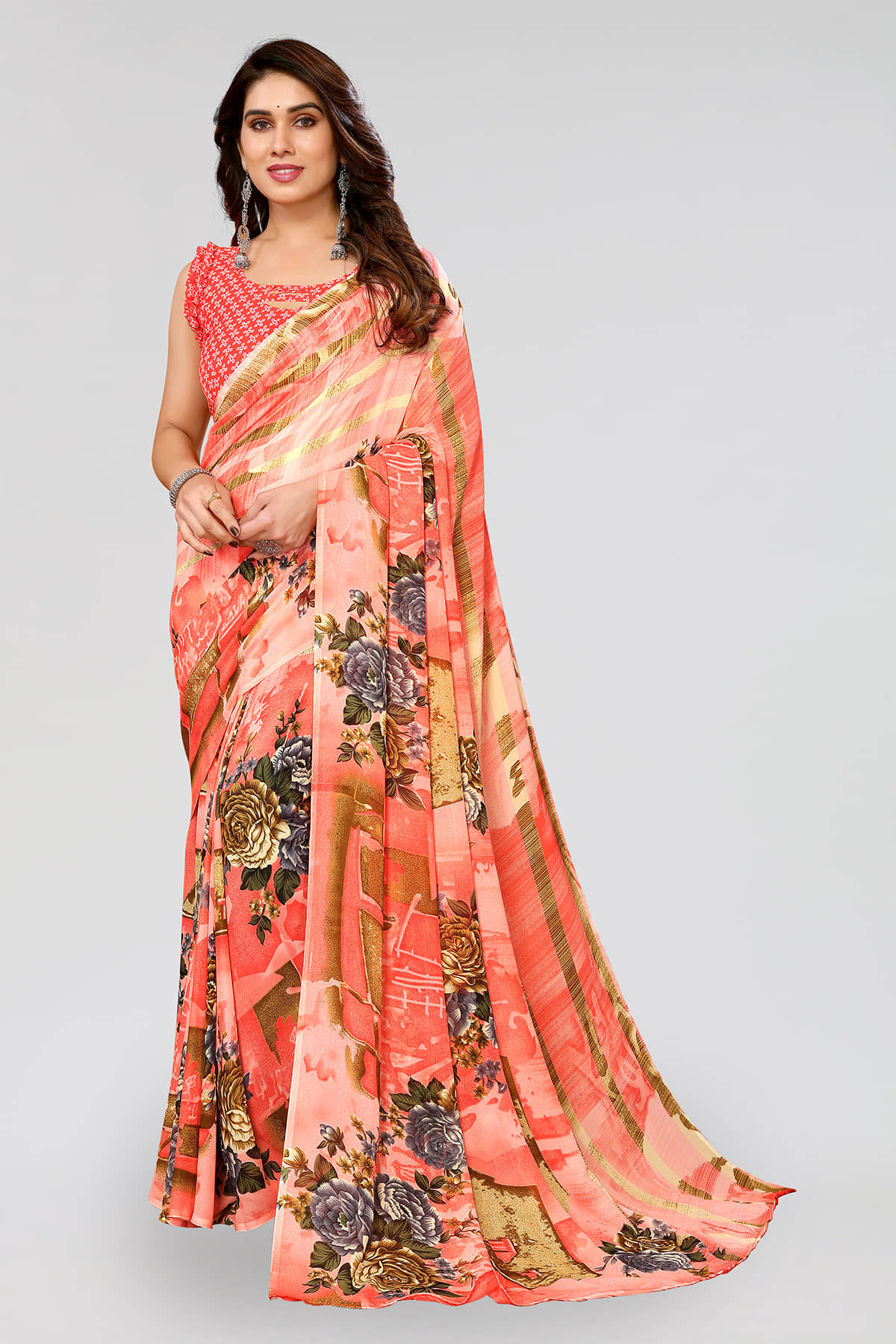 ANAND SAREES Georgette Printed Saree With Unstitched Blouse Piece ( Multicolor ) - Sarees | Buy online on ZillyBuy