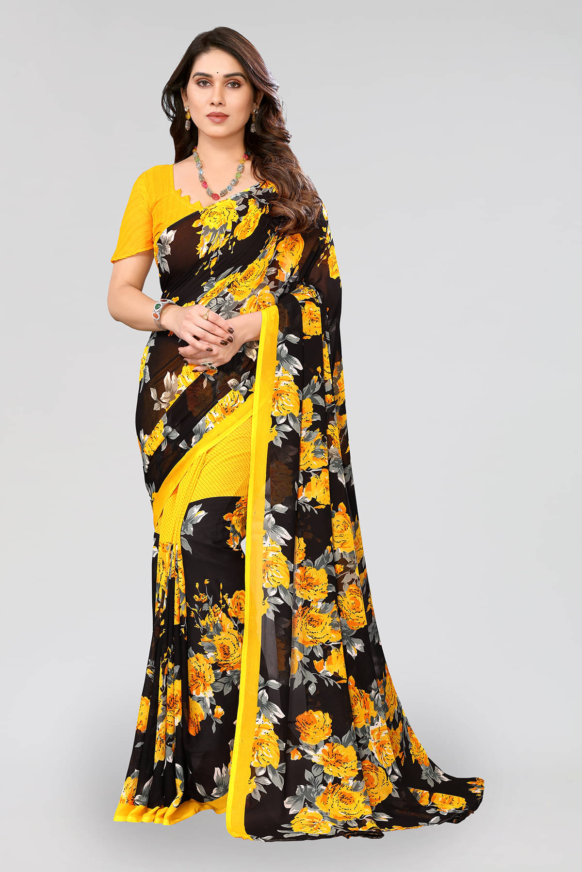     			ANAND SAREES Georgette Printed Saree With Unstitched Blouse Piece ( Yellow )