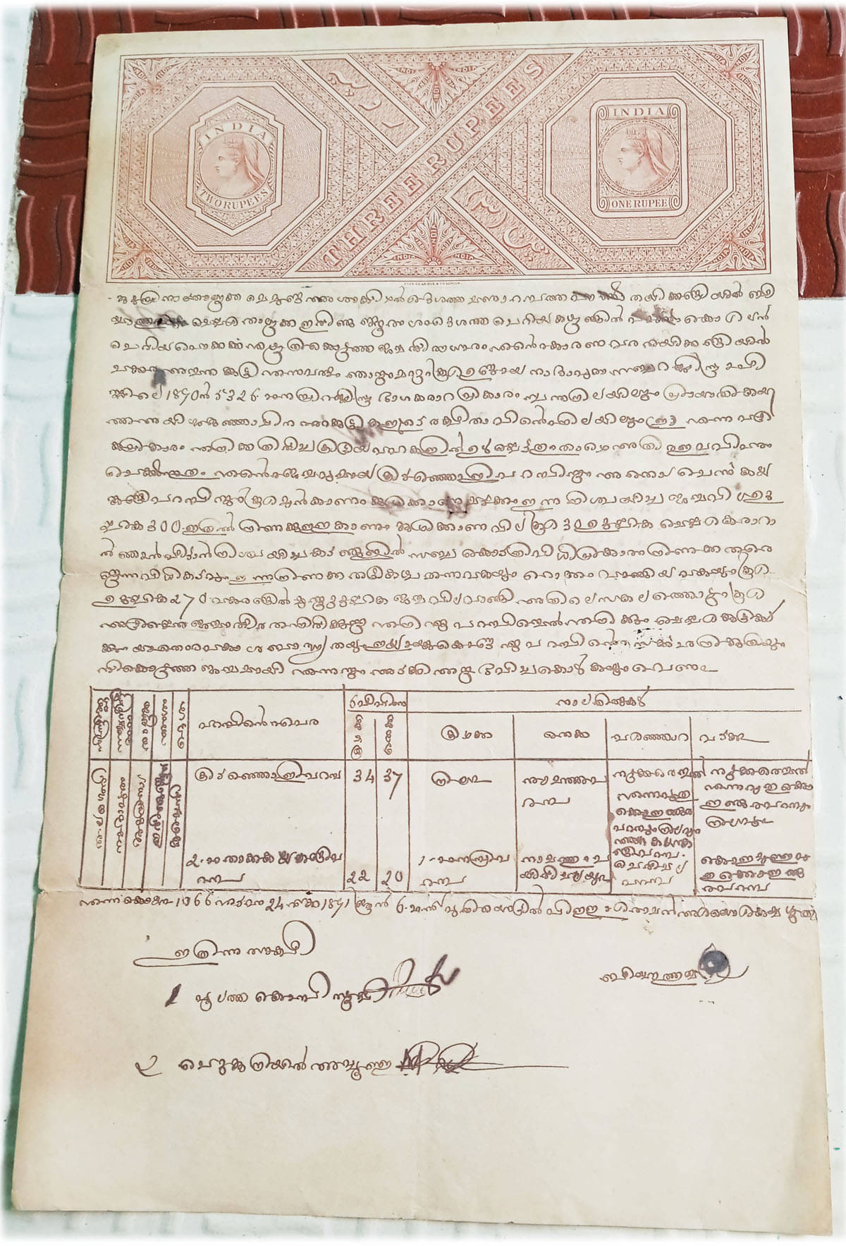     			BRITISH INDIA BURMA - 3 Rs. -queen victoria ( 1880 - 1901) - BOND PAPER - REVENUE COURT FEE - BEAUTIFUL WATERMARK