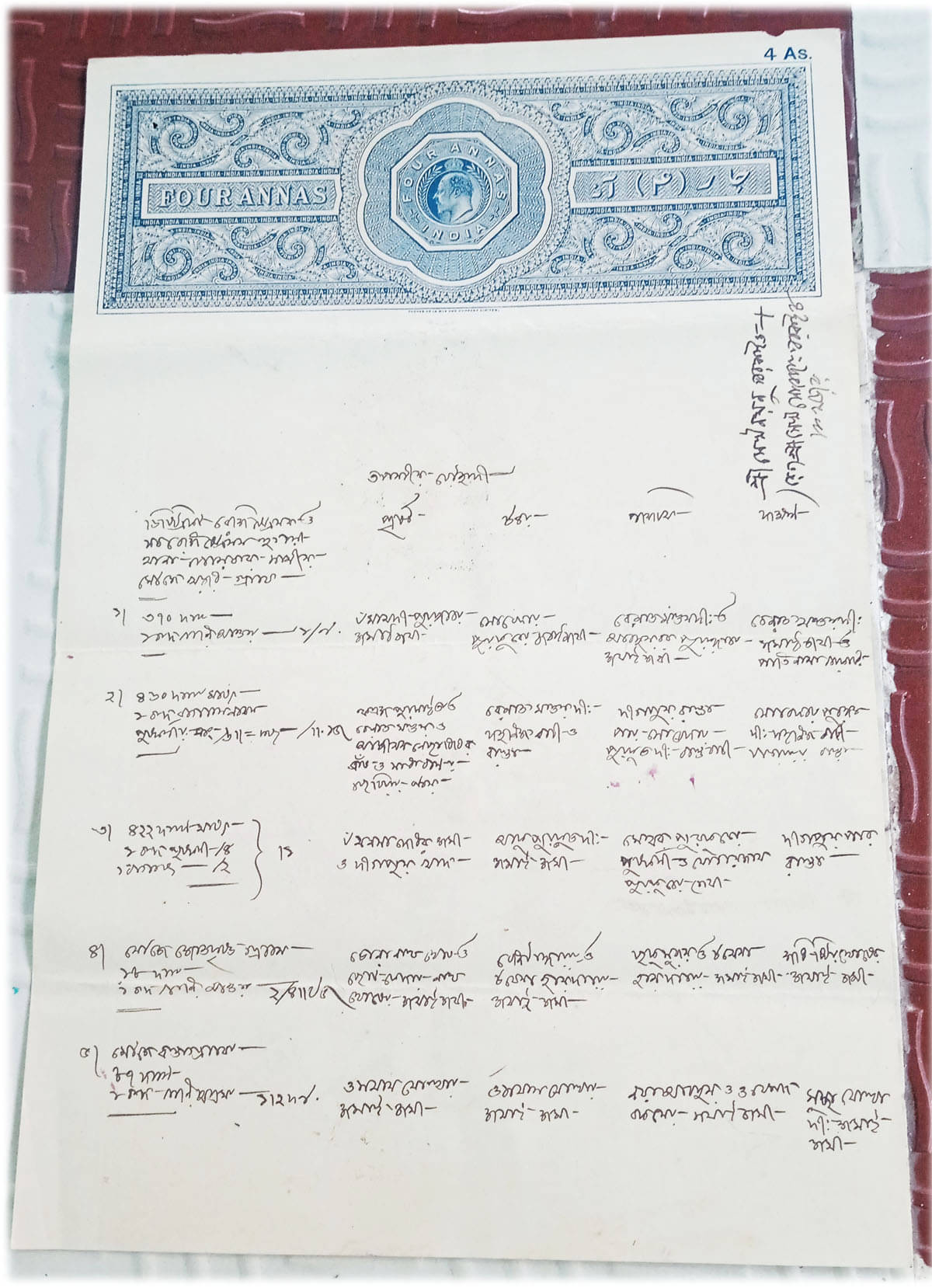     			BRITISH INDIA BURMA - 4 As. - King Edward ( 1902 - 1910 ) - BOND PAPER - REVENUE COURT FEE - BEAUTIFUL WATERMARK