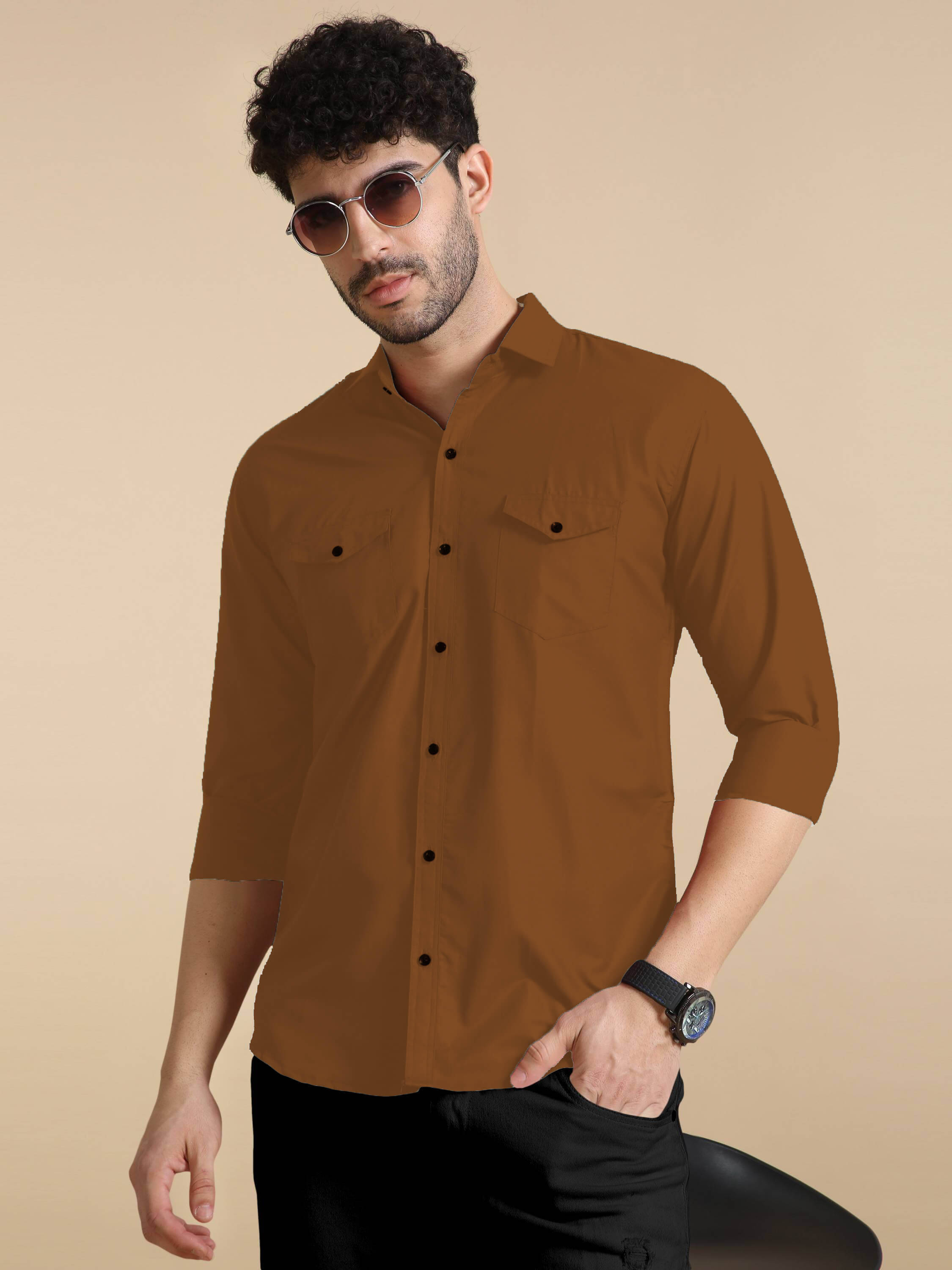 Qlonz store Cotton Blend Regular Fit Solids Full Sleeves Men's Casual Shirt - Brown ( Pack of 1 )     			Qlonz store Cotton Blend Regular Fit Solids Full Sleeves Men's Casual Shirt - Brown ( Pack of 1 )