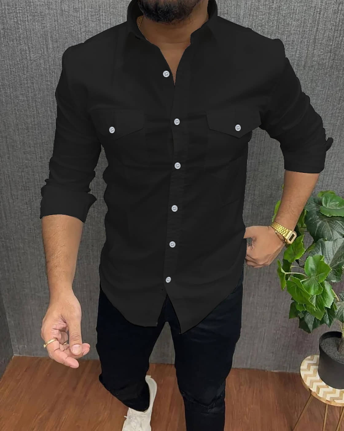 Qlonz store Cotton Blend Regular Fit Solids Full Sleeves Men's Casual Shirt - Black ( Pack of 1 )