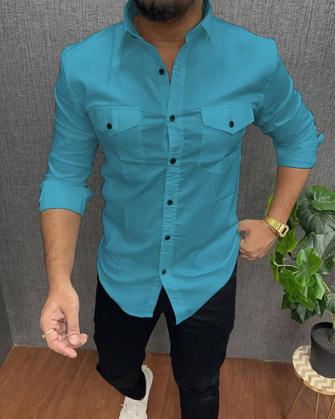 Qlonz store Cotton Blend Regular Fit Solids Full Sleeves Men's Casual Shirt - Turquoise ( Pack of 1 )     			Qlonz store Cotton Blend Regular Fit Solids Full Sleeves Men's Casual Shirt - Turquoise ( Pack of 1 )