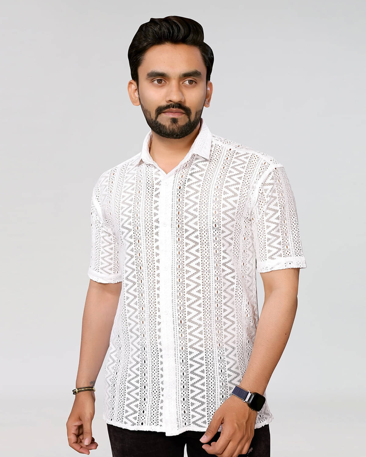     			Qlonz store Cotton Blend Regular Fit Self Design Half Sleeves Men's Casual Shirt - White ( Pack of 1 )