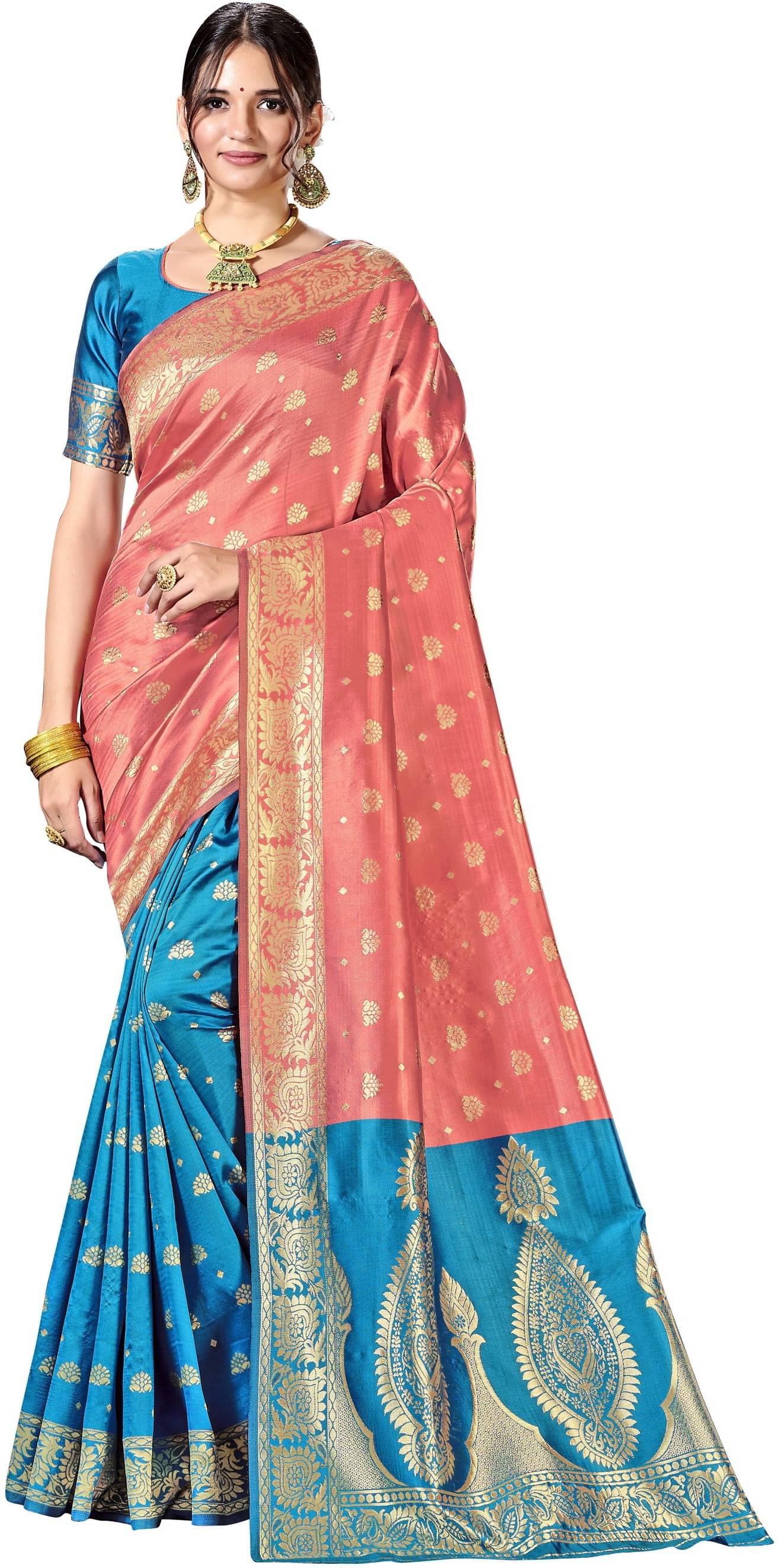 Sariya Jacquard Woven Saree With Unstitched Blouse Piece ( Peach ) Sariya Jacquard Woven Saree With Unstitched Blouse Piece ( Peach )