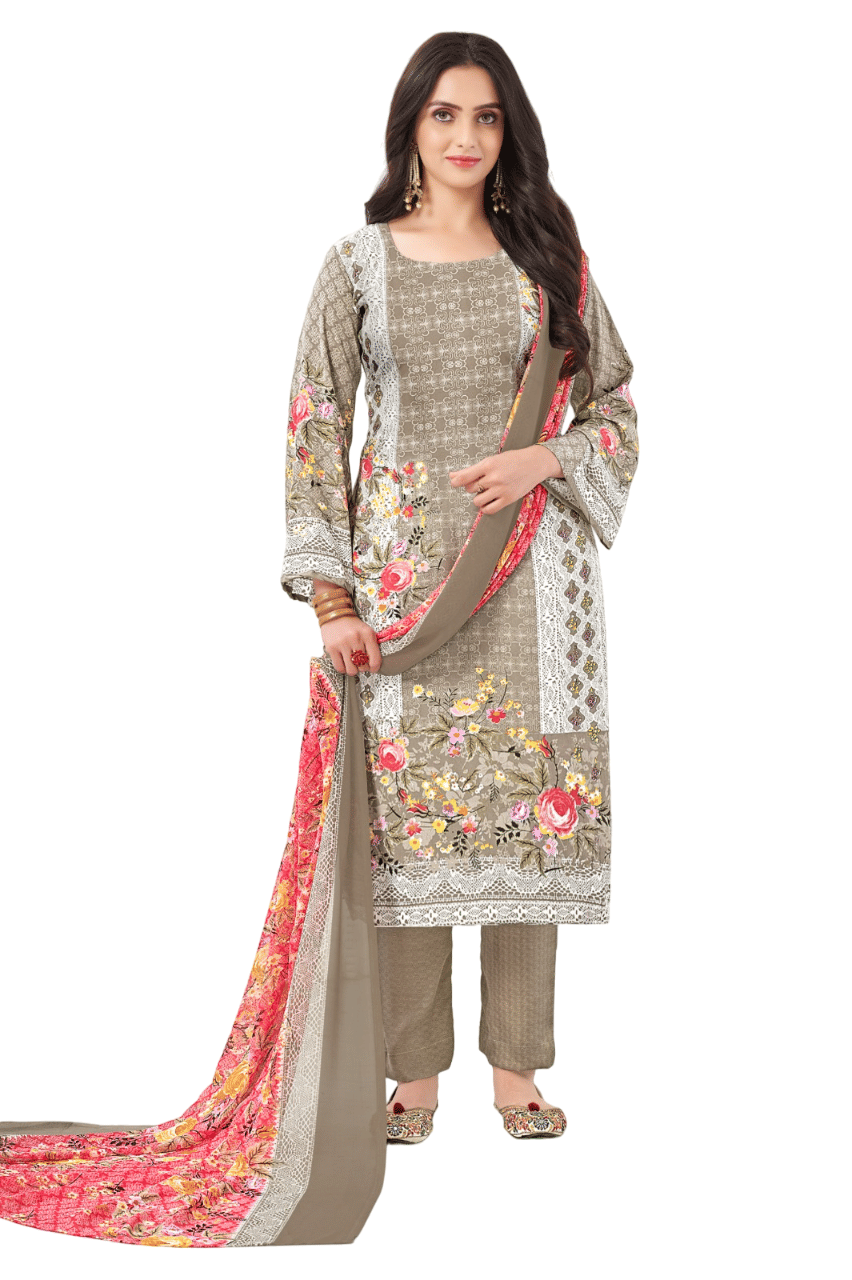 Tendisha Unstitched Chiffon Printed Dress Material - Light Grey ( Pack of 1 ) - Unstitched Fabrics | Buy online on ZillyBuy
