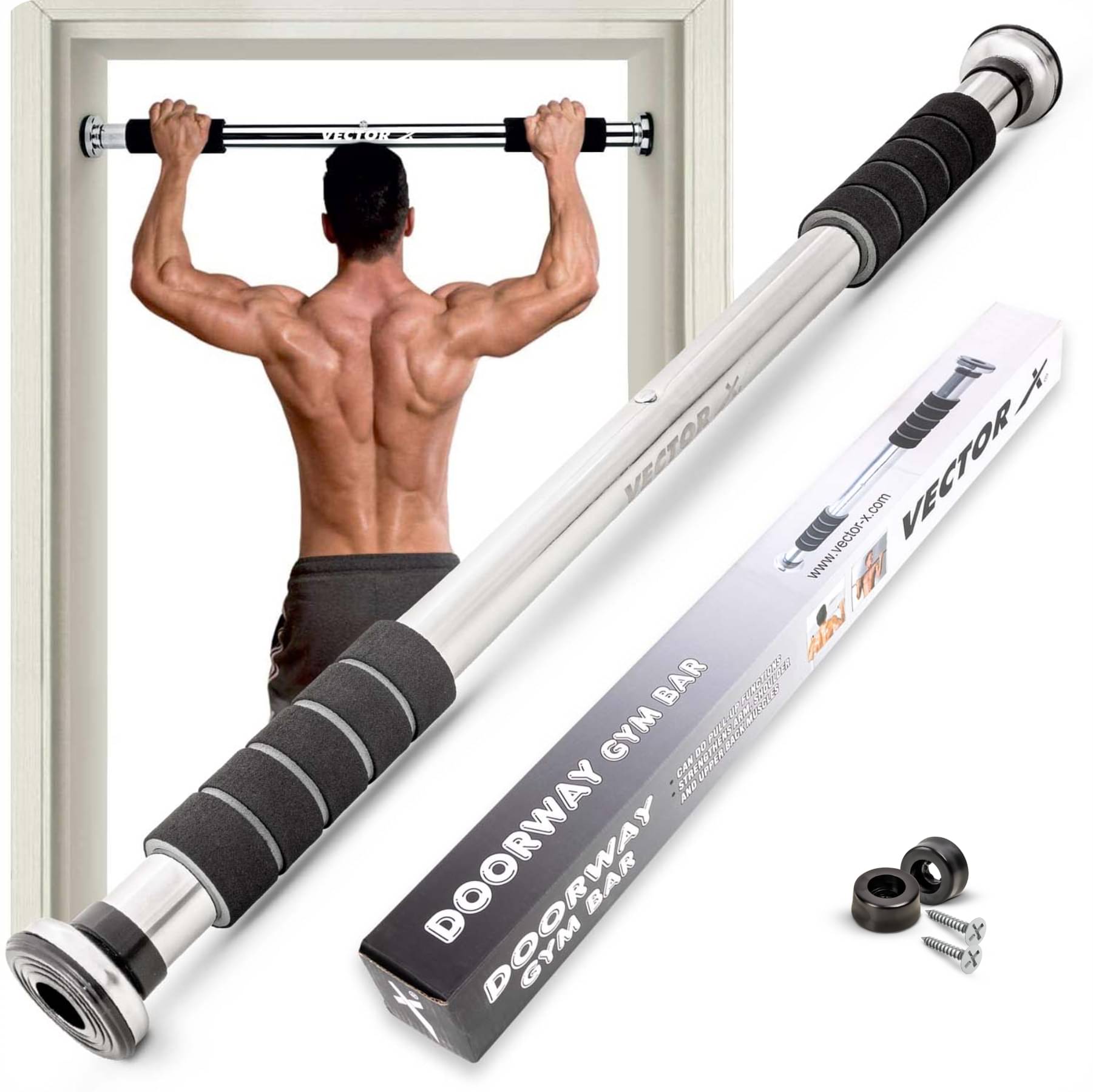 Vector X GB-360-C Adjustable Pull Up Bar with Cushioned Grip for Doorway Gym Workout Equipment for Strength Training Vector X GB-360-C Adjustable Pull Up Bar with Cushioned Grip for Doorway Gym Workout Equipment for Strength Training