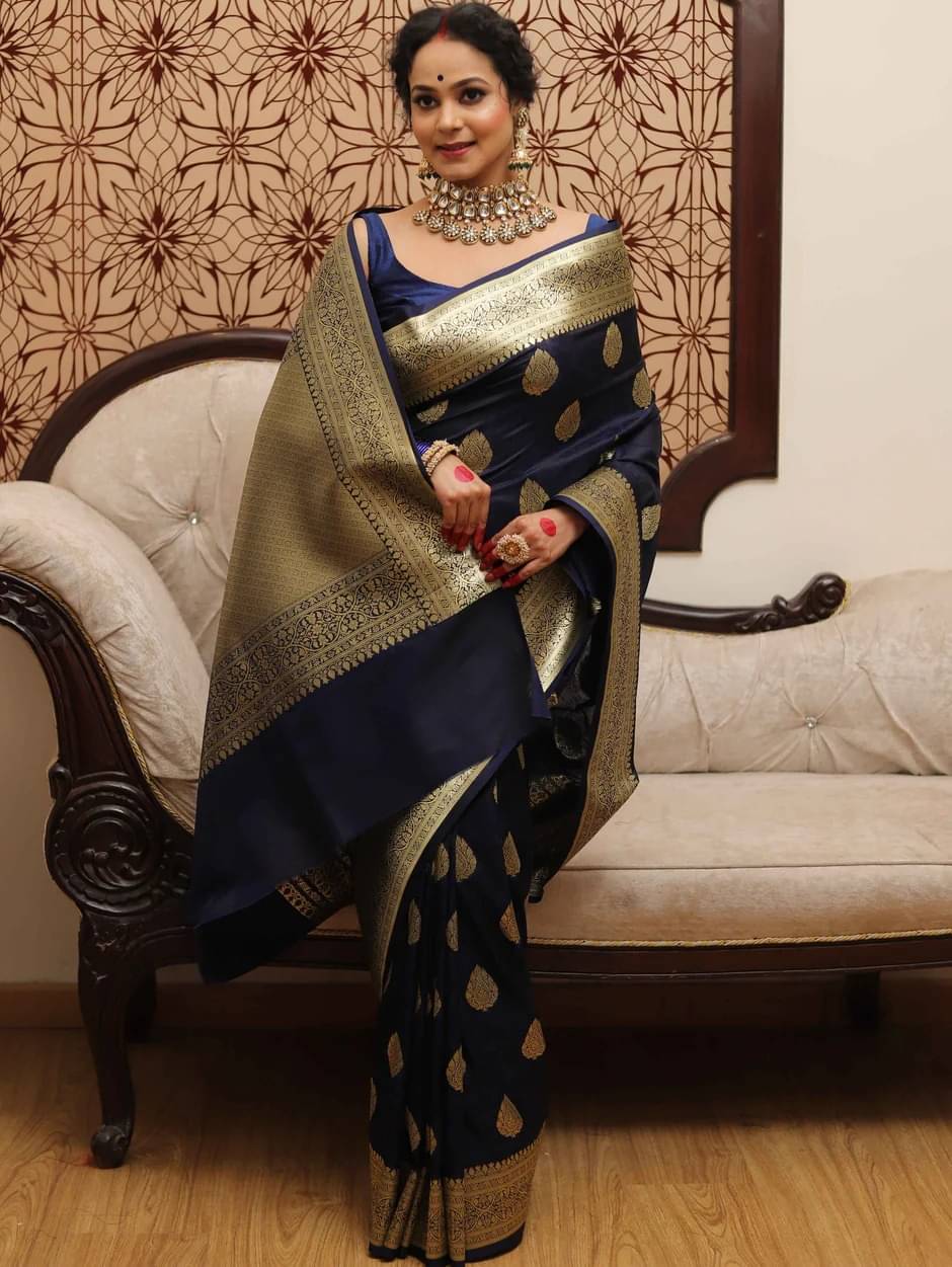 A TO Z CART Silk Embellished Saree With Unstitched Blouse Piece ( Navy Blue ) A TO Z CART Silk Embellished Saree With Unstitched Blouse Piece ( Navy Blue )
