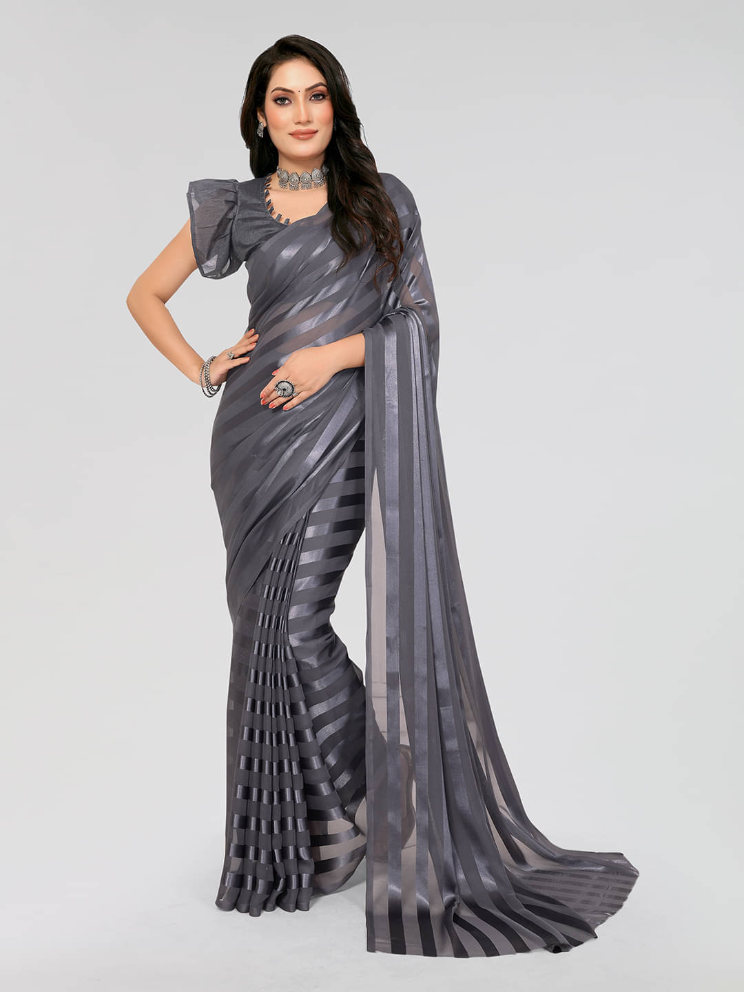     			ANAND SAREES Georgette Striped Saree With Unstitched Blouse Piece ( Grey )