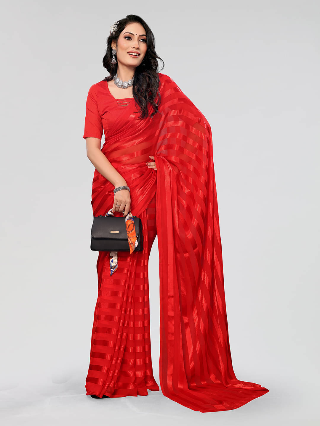 ANAND SAREES Georgette Striped Saree With Unstitched Blouse Piece ( Red ) ANAND SAREES Georgette Striped Saree With Unstitched Blouse Piece ( Red )