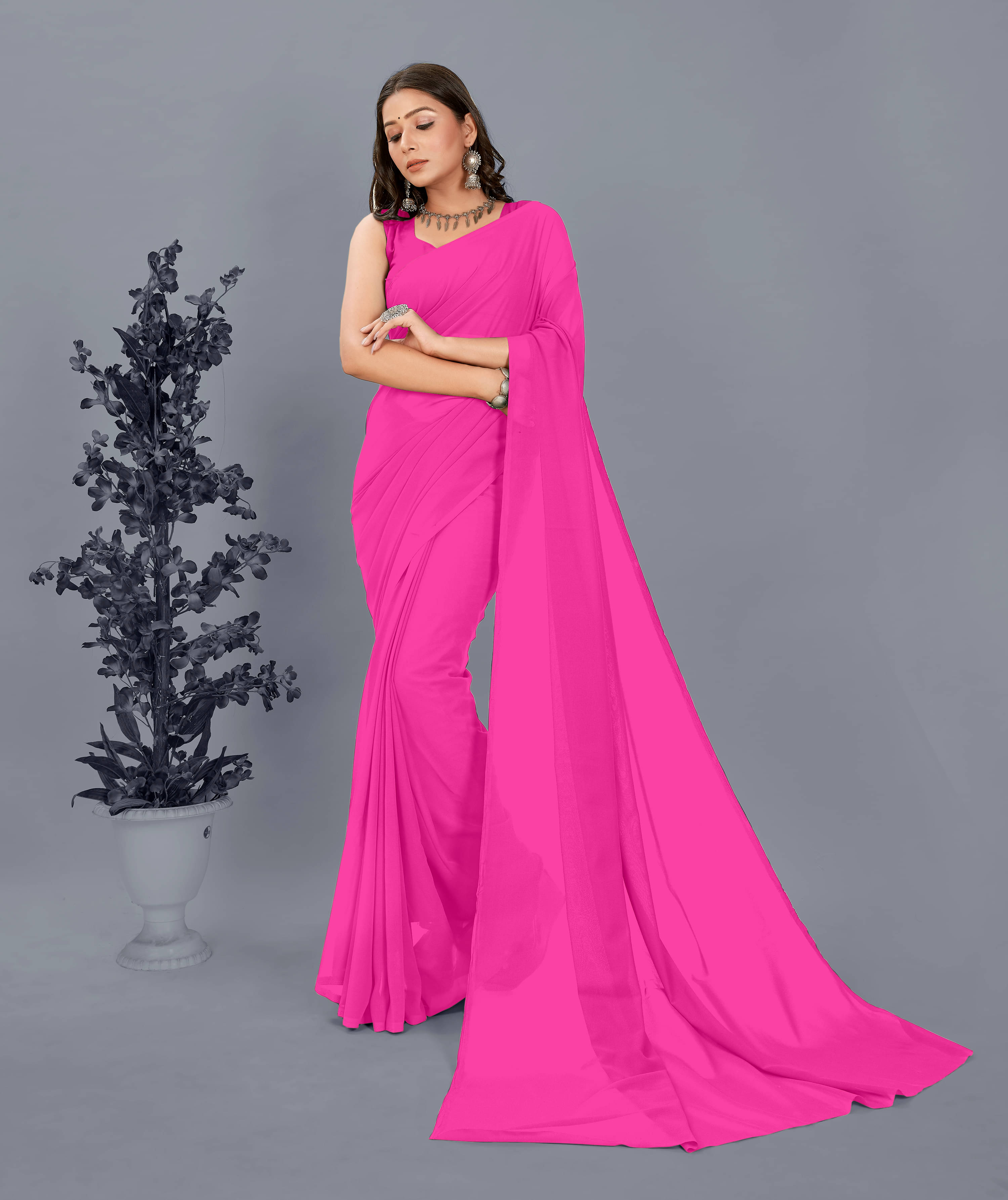     			ANAND SAREES Georgette Solid Saree With Unstitched Blouse Piece ( Pink )