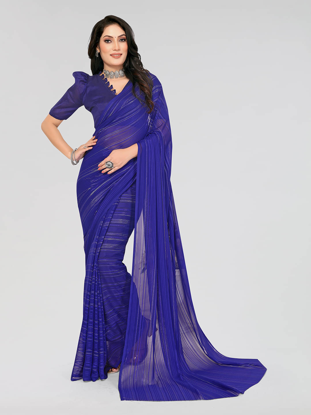 ANAND SAREES Georgette Striped Saree With Unstitched Blouse Piece ( Blue ) ANAND SAREES Georgette Striped Saree With Unstitched Blouse Piece ( Blue )