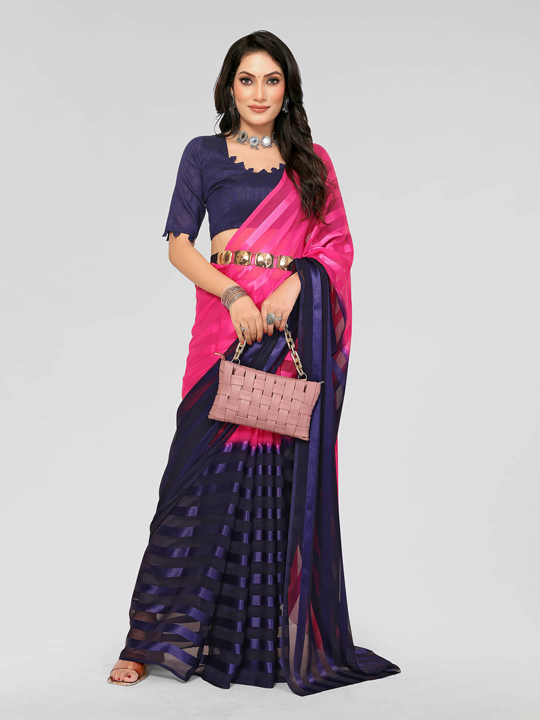     			ANAND SAREES Georgette Striped Saree With Unstitched Blouse Piece ( Pink )