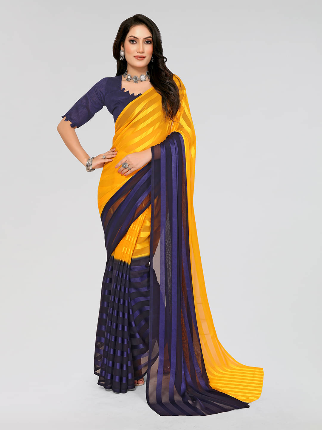     			ANAND SAREES Georgette Striped Saree With Unstitched Blouse Piece ( Yellow )