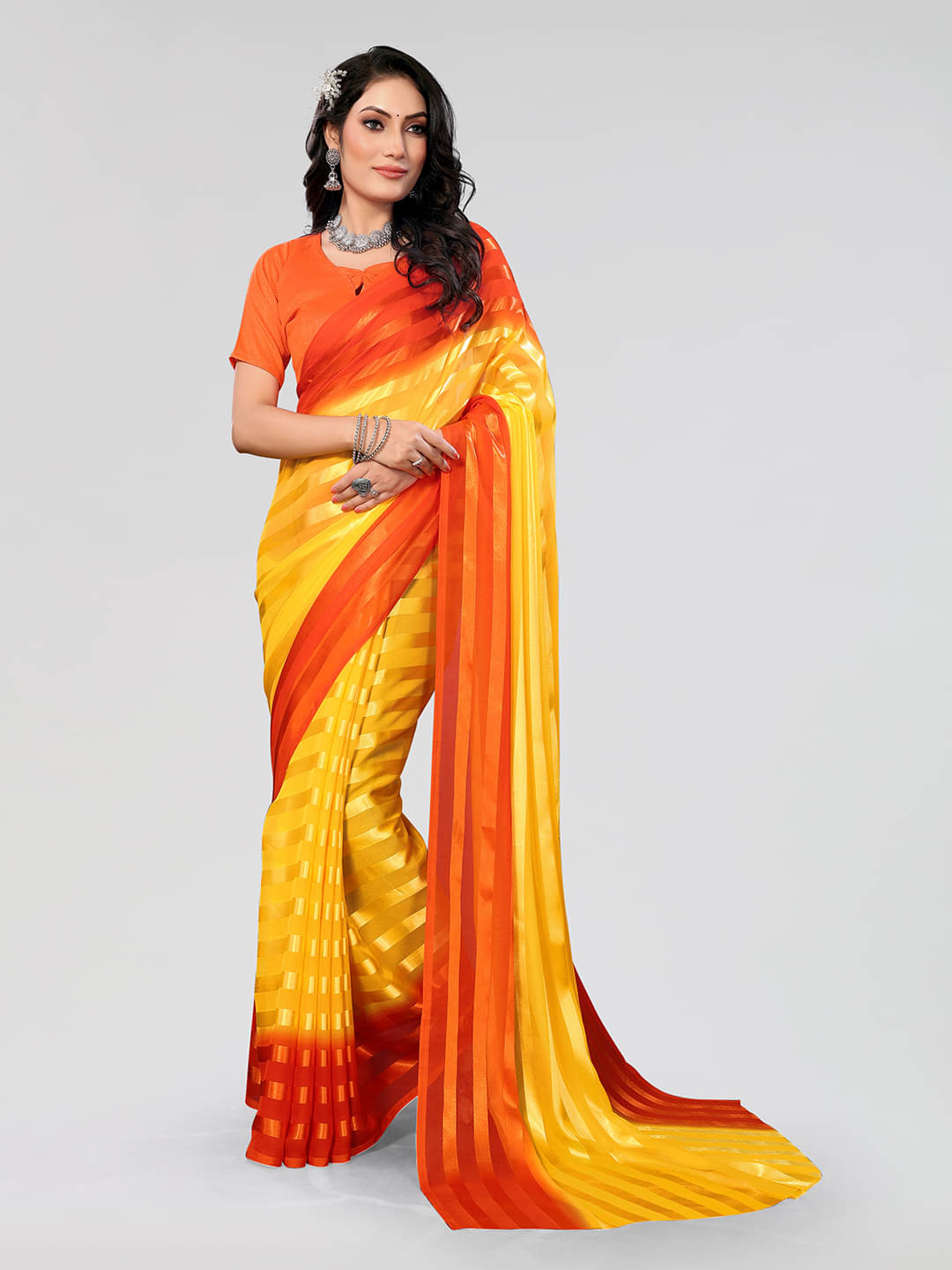 ANAND SAREES Georgette Dyed Saree With Unstitched Blouse Piece ( Orange ) ANAND SAREES Georgette Dyed Saree With Unstitched Blouse Piece ( Orange )