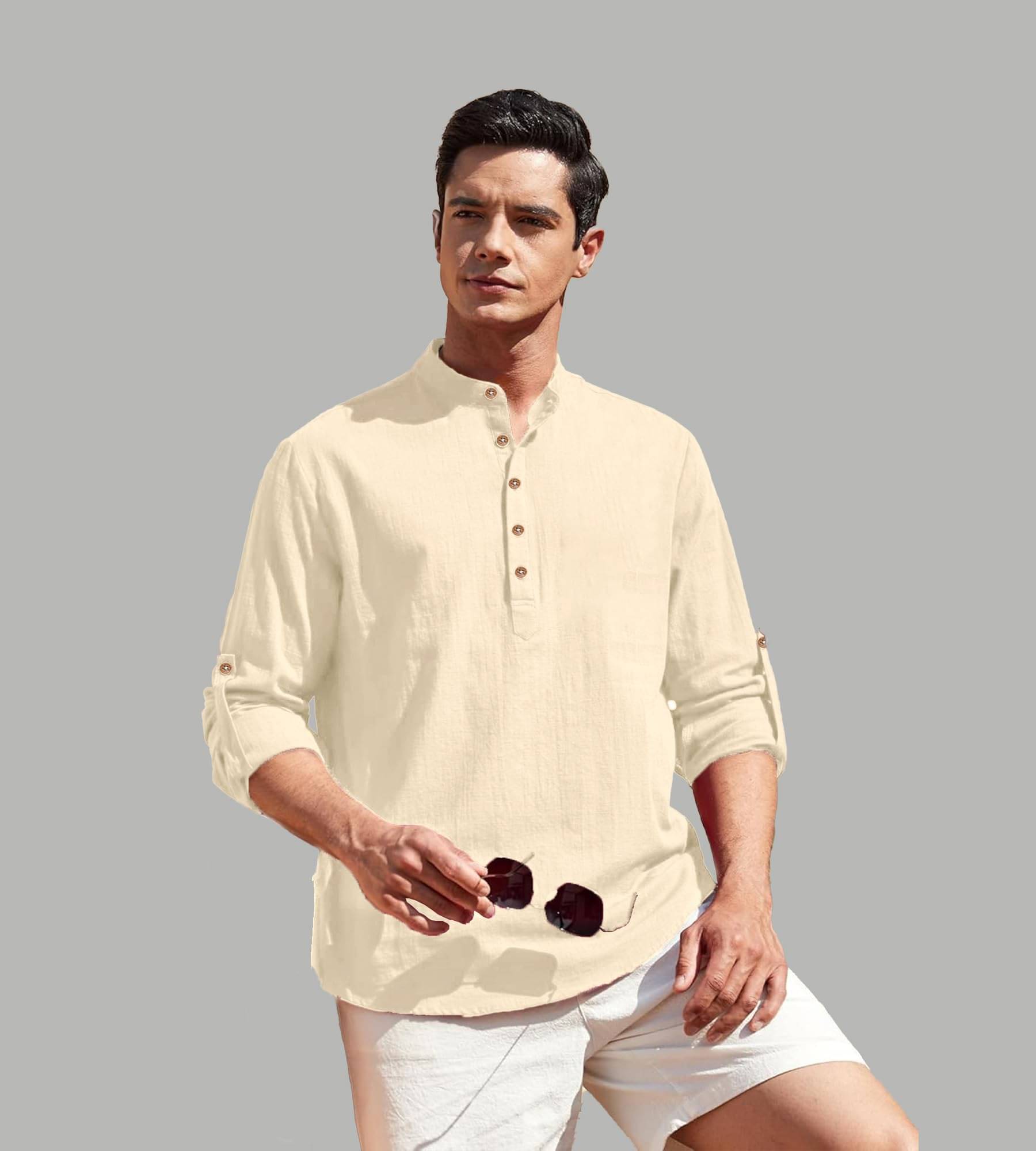     			Apektra Beige Cotton Blend Men's Shirt Style Kurta ( Pack of 1 )