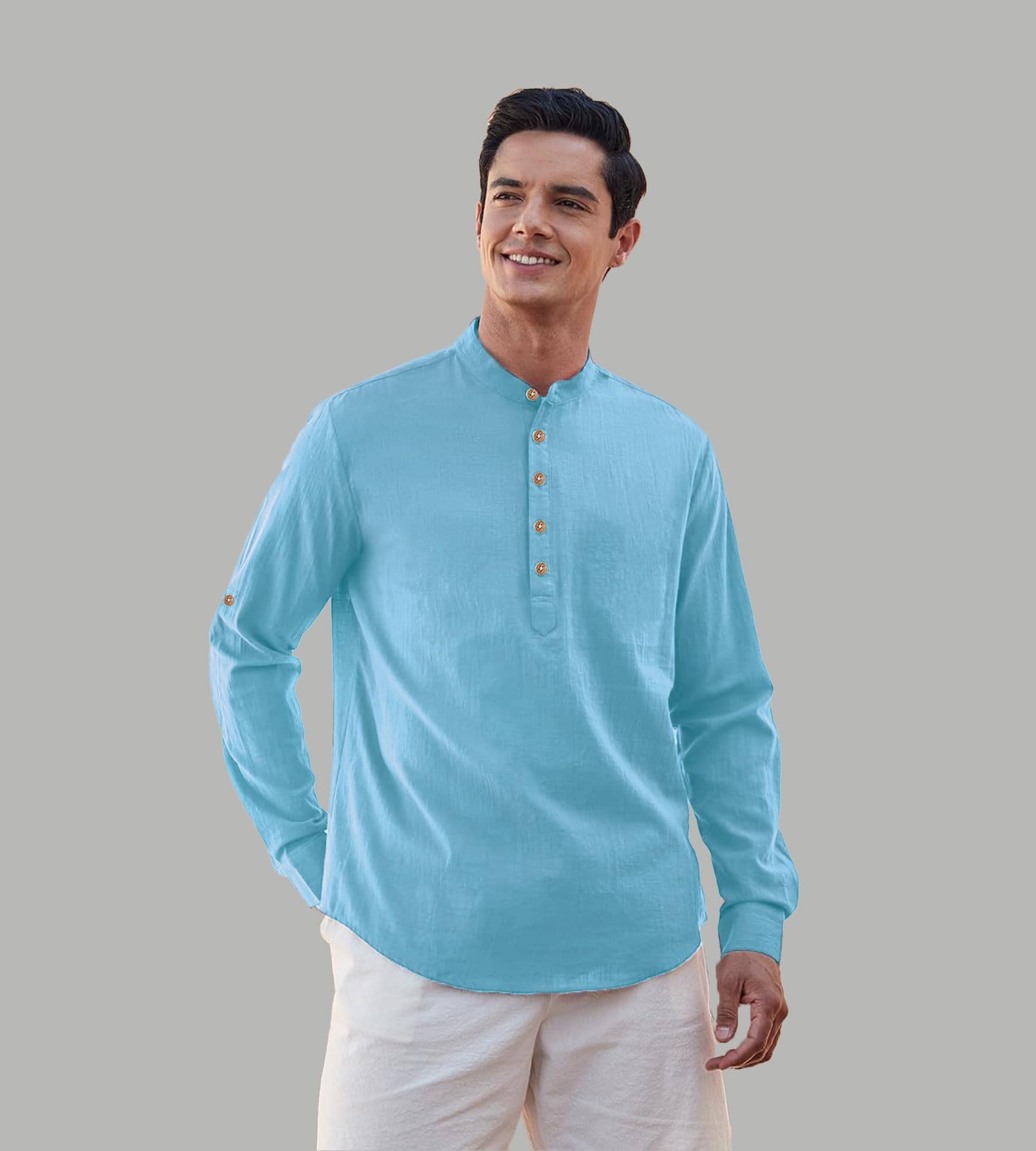 Apektra Sky Blue Cotton Blend Men's Shirt Style Kurta ( Pack of 1 )     			Apektra Sky Blue Cotton Blend Men's Shirt Style Kurta ( Pack of 1 )