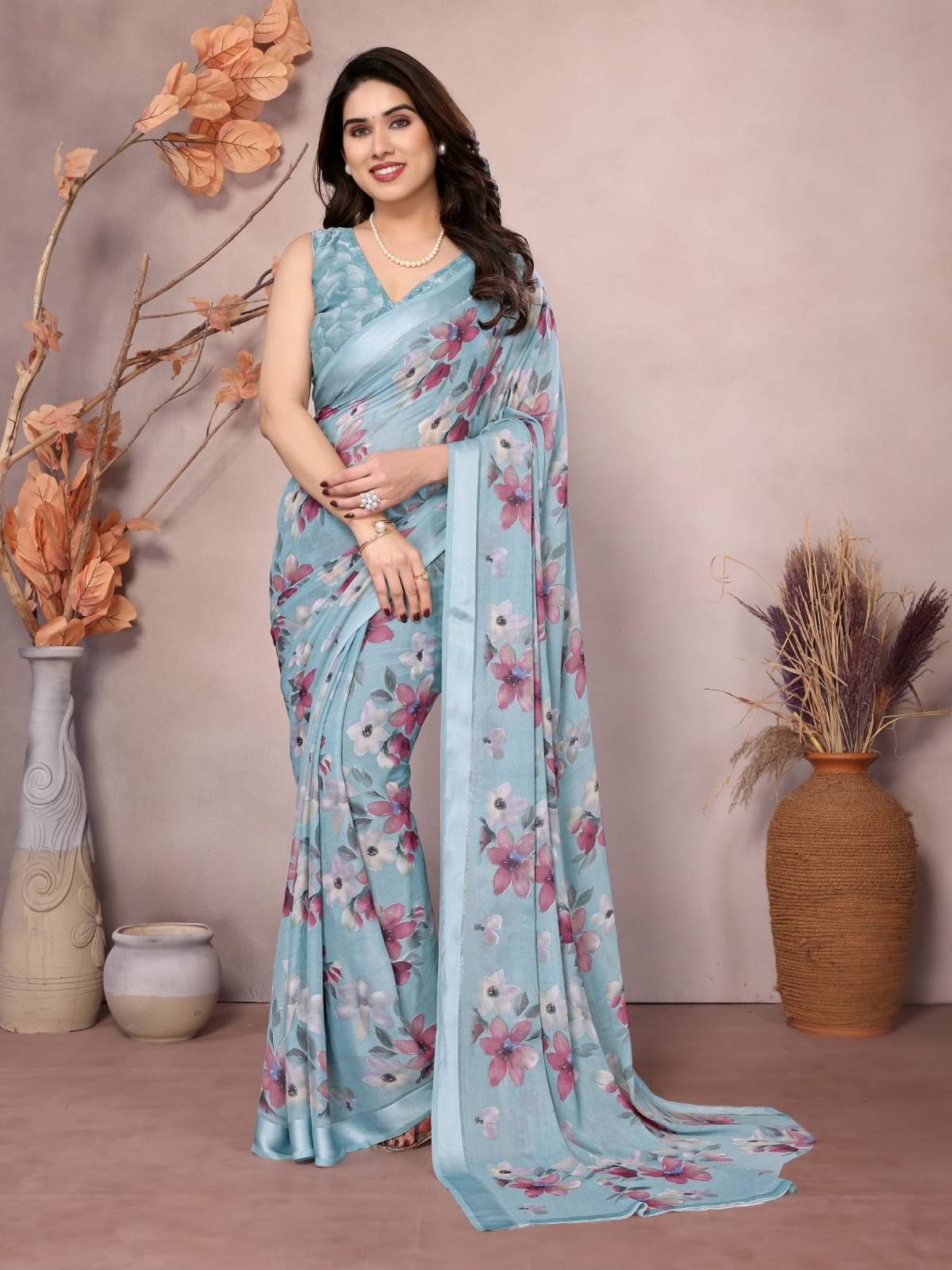     			BLEESBURY Chiffon Printed Saree With Unstitched Blouse Piece ( SkyBlue )