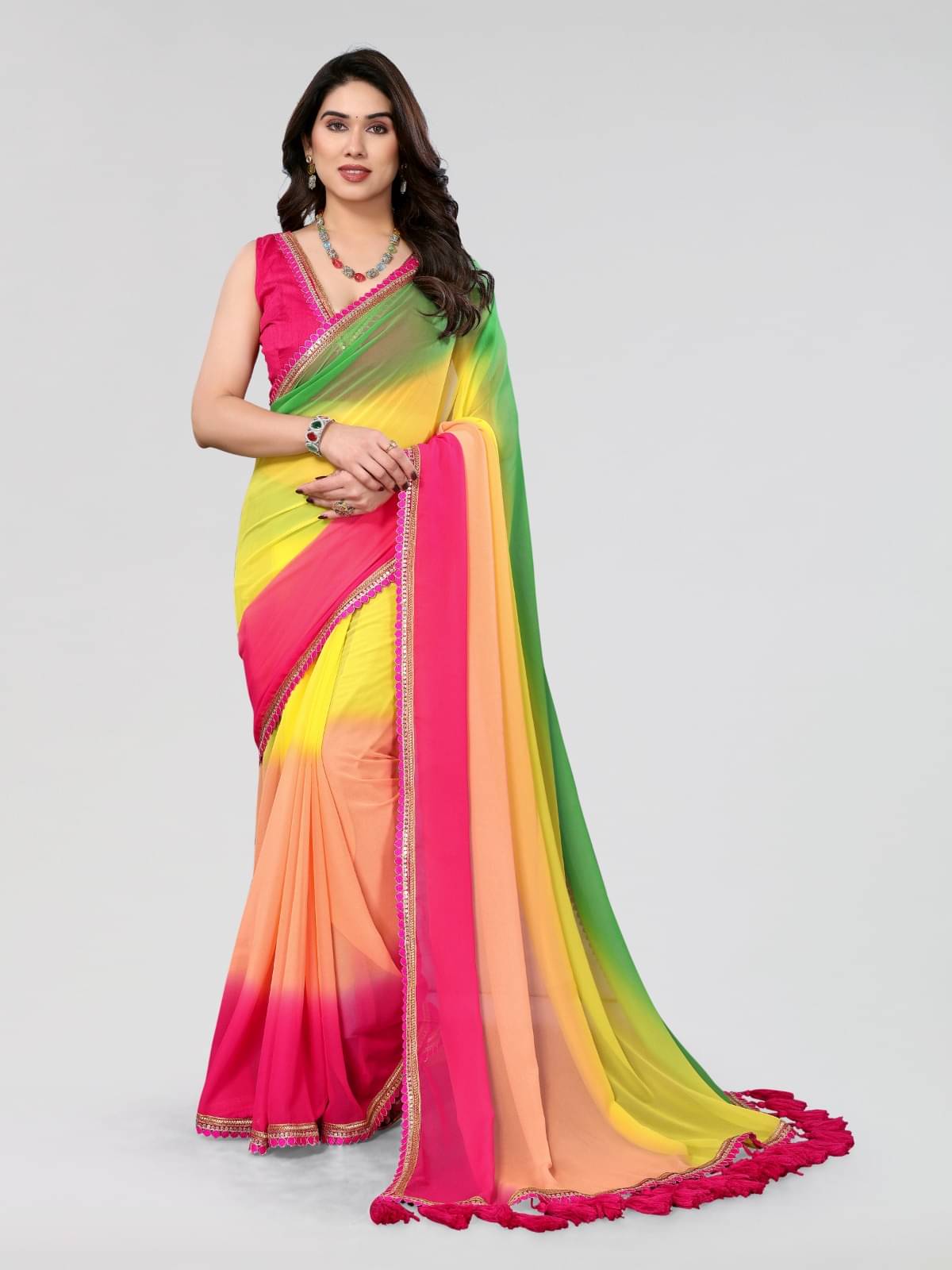 BLEESBURY Georgette Colorblock Saree With Unstitched Blouse Piece ( Multicolor1 ) BLEESBURY Georgette Colorblock Saree With Unstitched Blouse Piece ( Multicolor1 )