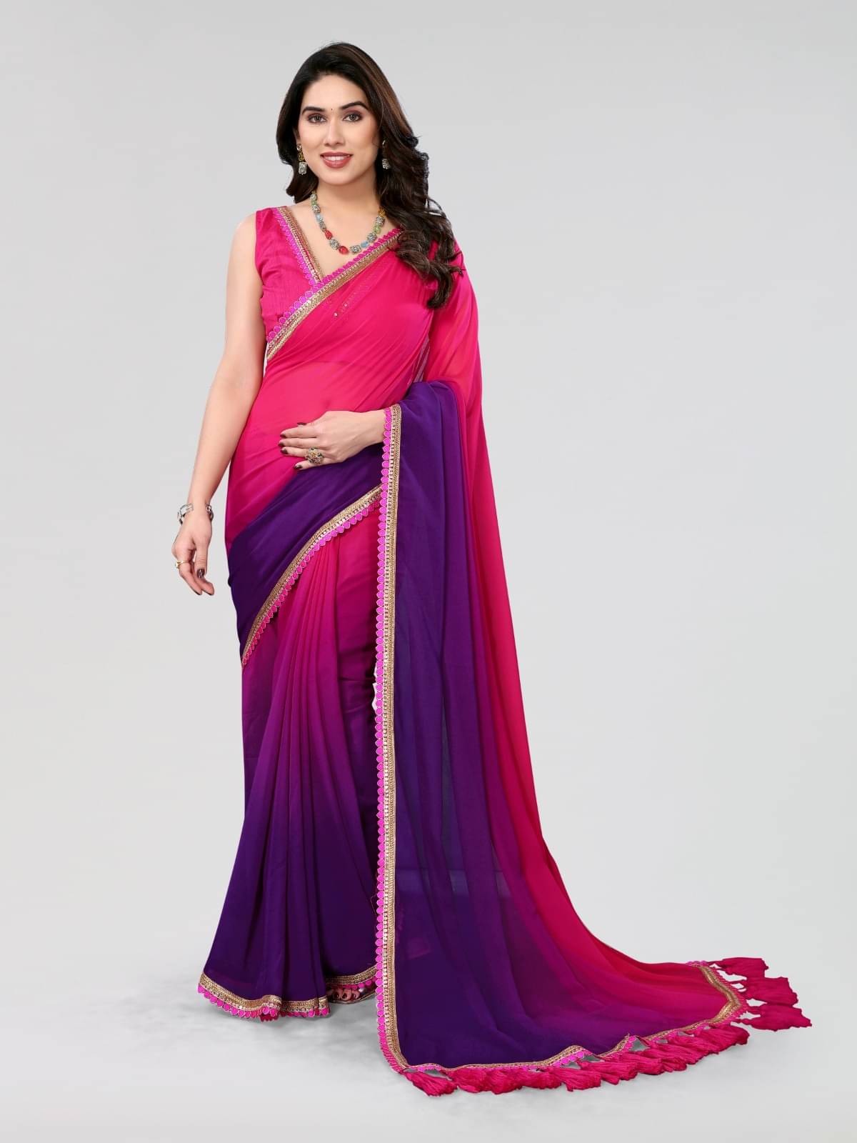 BLEESBURY Georgette Colorblock Saree With Unstitched Blouse Piece ( Magenta ) BLEESBURY Georgette Colorblock Saree With Unstitched Blouse Piece ( Magenta )