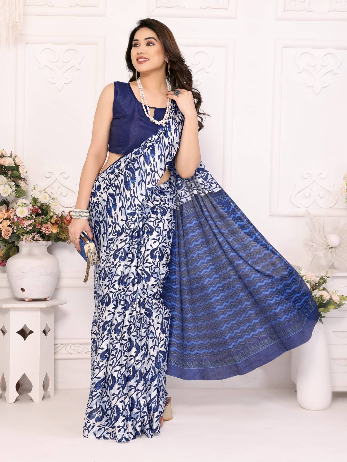     			BLEESBURY Mysore Silk Printed Saree With Unstitched Blouse Piece ( Blue )