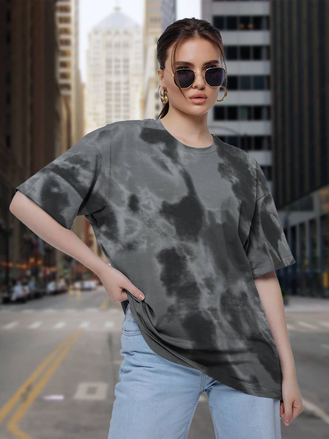 Leotude Women Cotton Blend Dyed Oversized Fit Round Neck T-Shirt ( Grey )