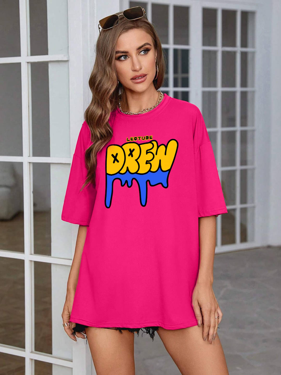 Leotude Women Cotton Blend Printed Oversized Fit Round Neck T-Shirt ( Pink ) Leotude Women Cotton Blend Printed Oversized Fit Round Neck T-Shirt ( Pink )