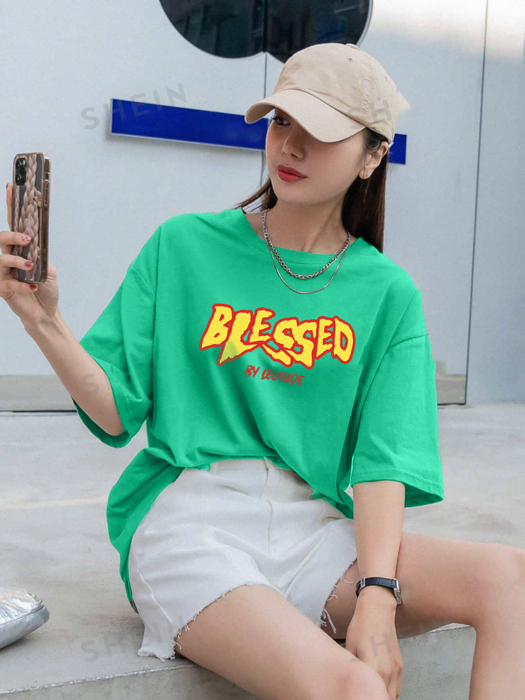 Leotude Women Cotton Blend Printed Oversized Fit Round Neck T-Shirt ( Green )