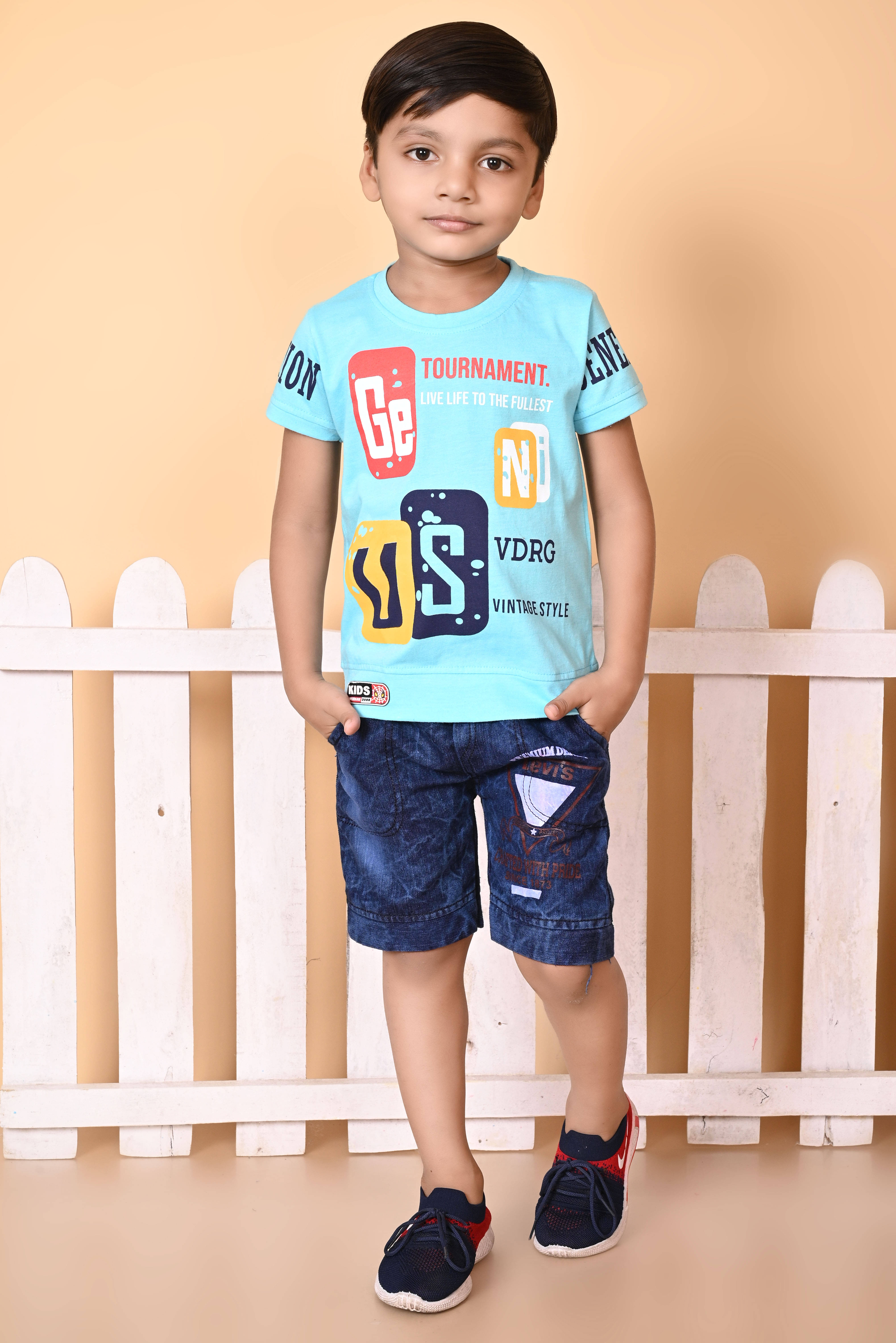     			New Collection Pack of 1 Boys Cotton Blend T-Shirt & Shorts Set ( Blue )