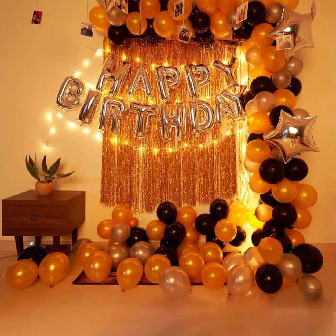     			PartyBooms Happy Birthday RoseGold Foil Banner, 2 Silver Star, 1 Gold Curtain 40 Balloons Golden, Silver & Black Pack of 44
