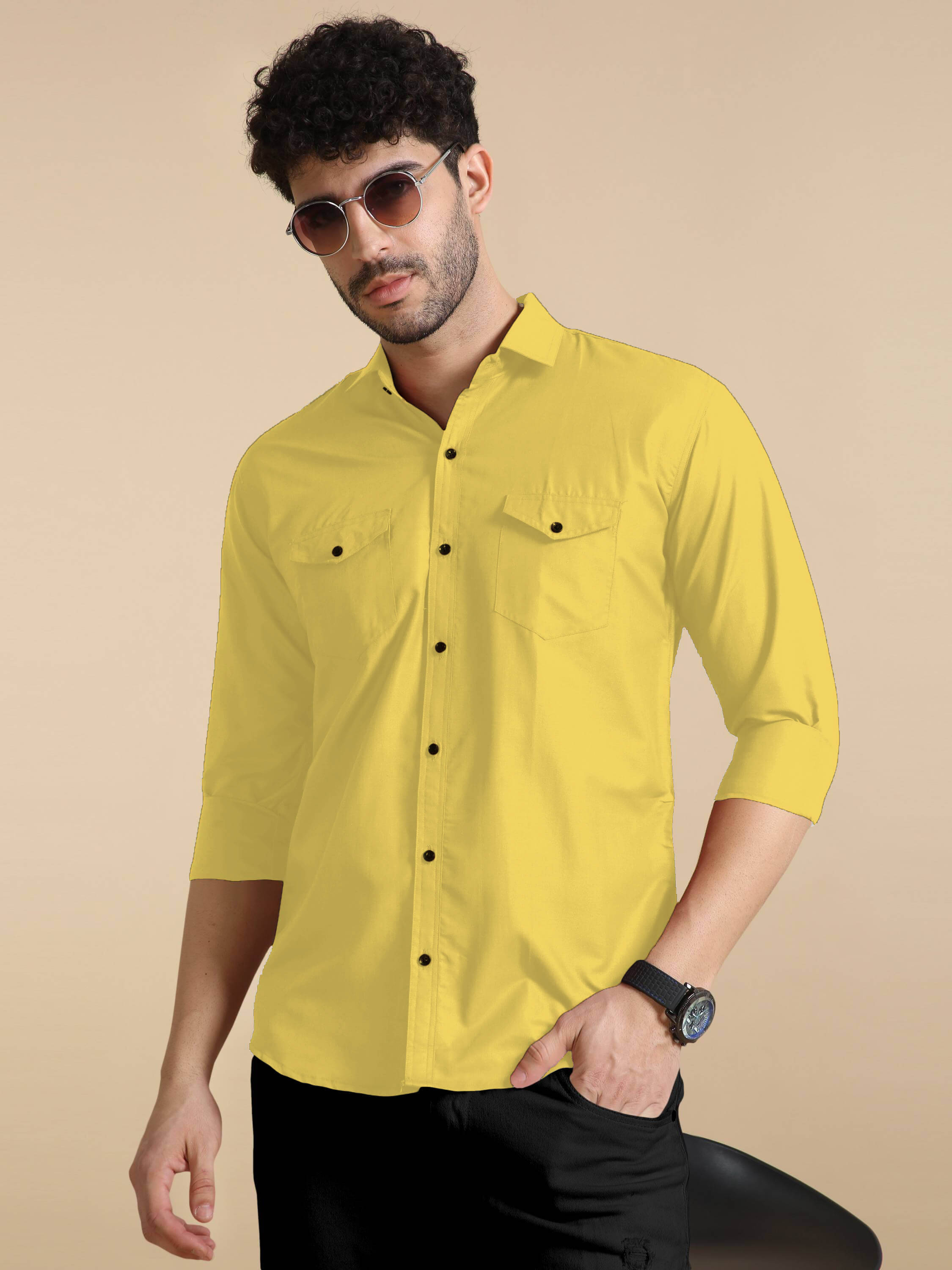     			Qlonz store Cotton Blend Regular Fit Solids Full Sleeves Men's Casual Shirt - Yellow ( Pack of 1 )