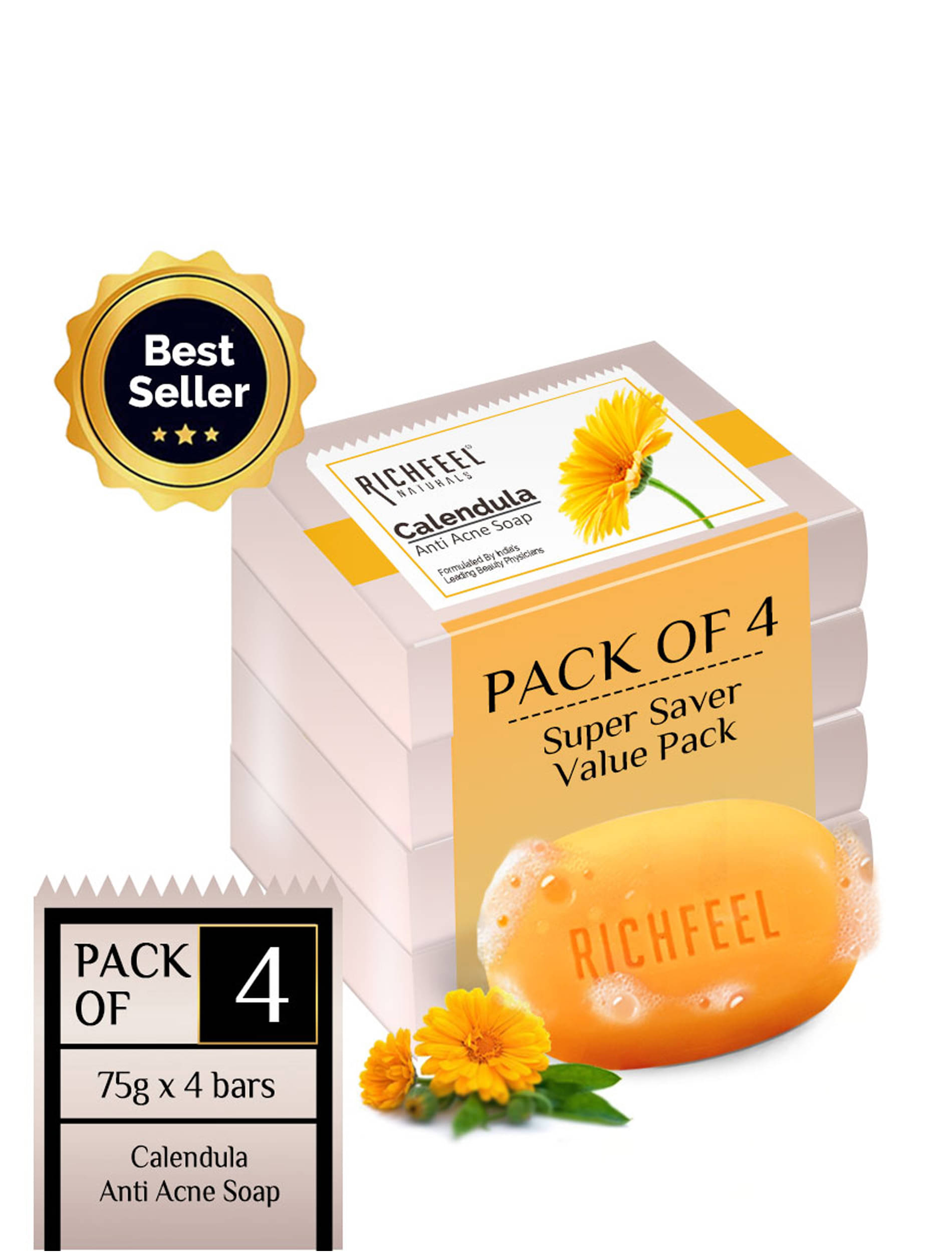 Richfeel Antibacterial Calendula Acne Soap for Normal Skin ( Pack of 4 ) Richfeel Antibacterial Calendula Acne Soap for Normal Skin ( Pack of 4 )