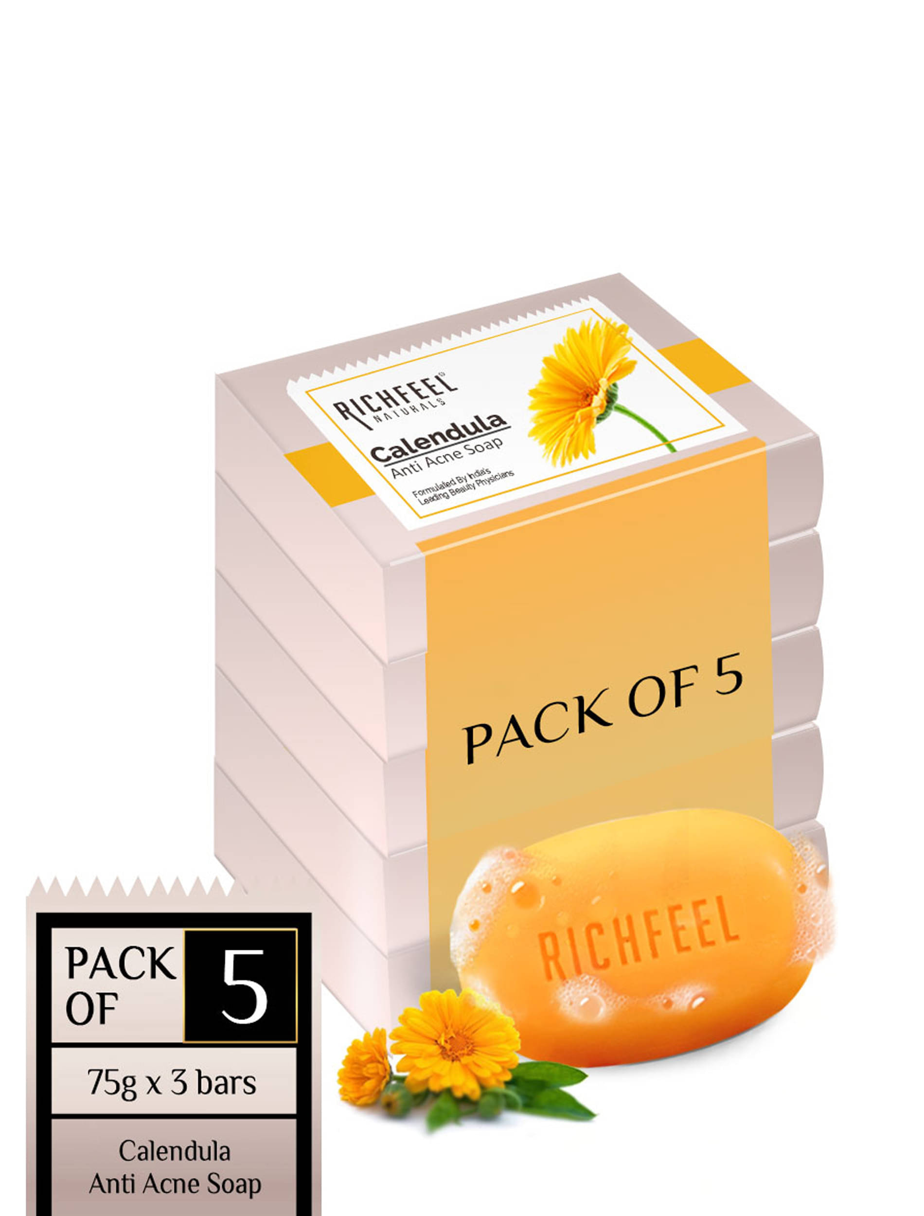     			Richfeel Antibacterial Calendula Acne Soap for Normal Skin ( Pack of 5 )