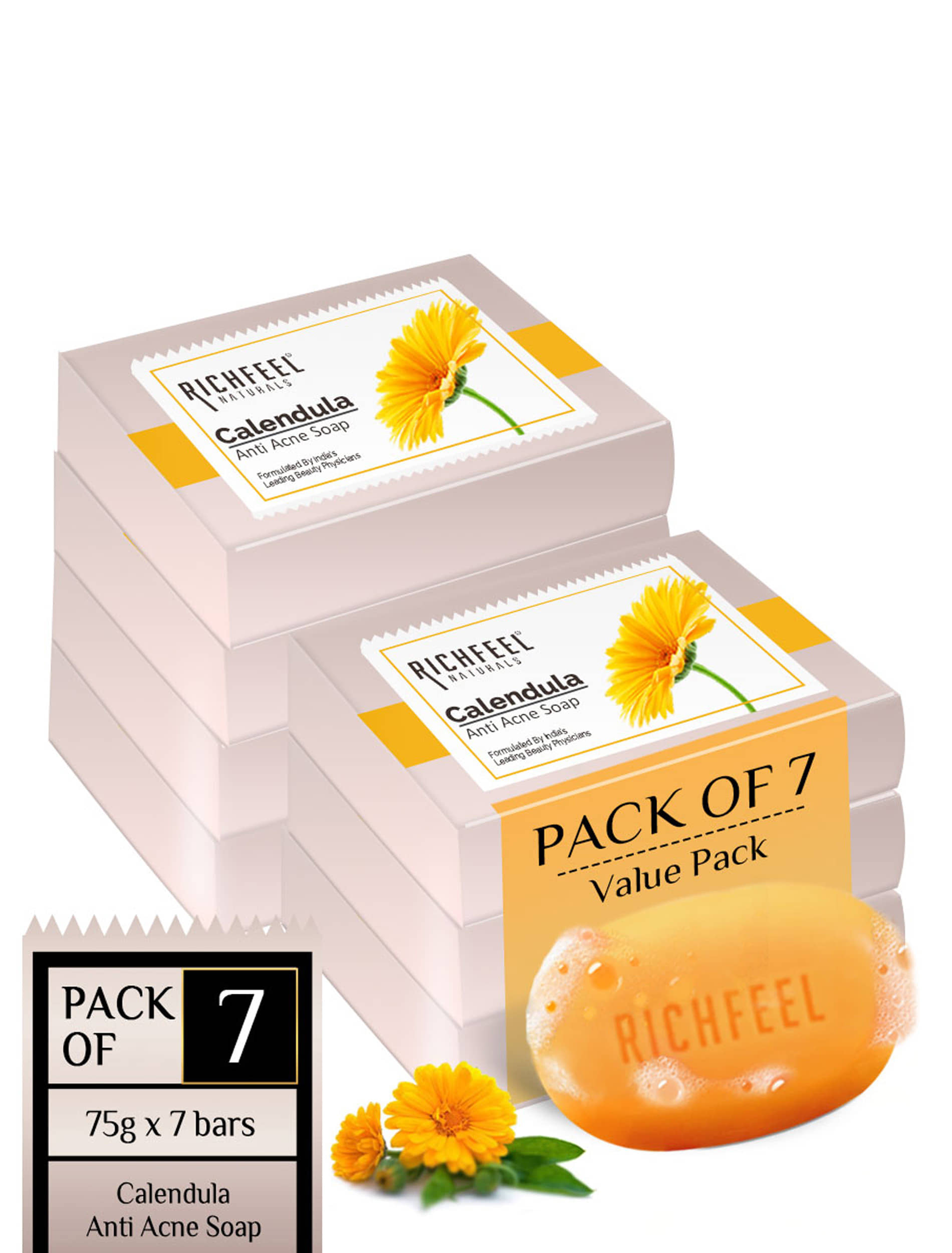 Richfeel Antibacterial Calendula Acne Soap for Normal Skin ( Pack of 7 )