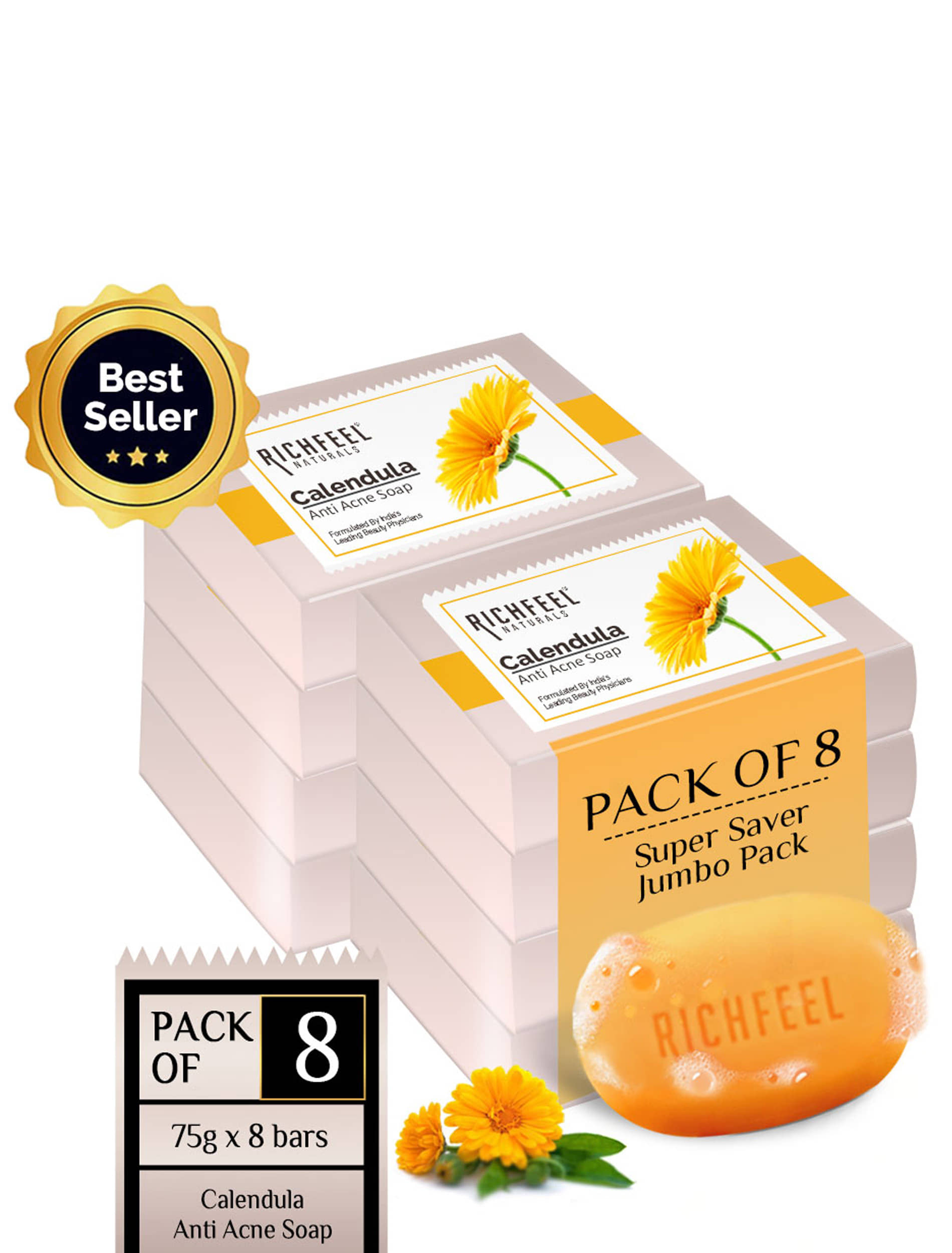 Richfeel Antibacterial Calendula Anti Ance Soap for Normal Skin ( Pack of 8 )
