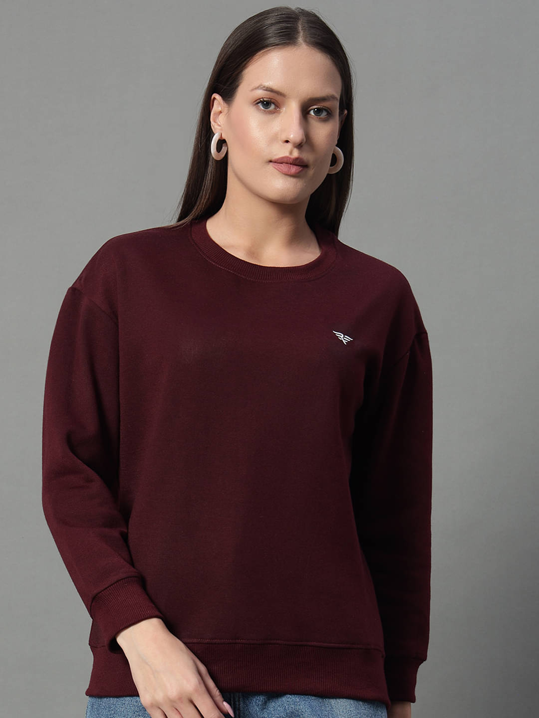 Riss Women Cotton Blend Round Neck Sweatshirt ( Maroon )     			Riss Women Cotton Blend Round Neck Sweatshirt ( Maroon )