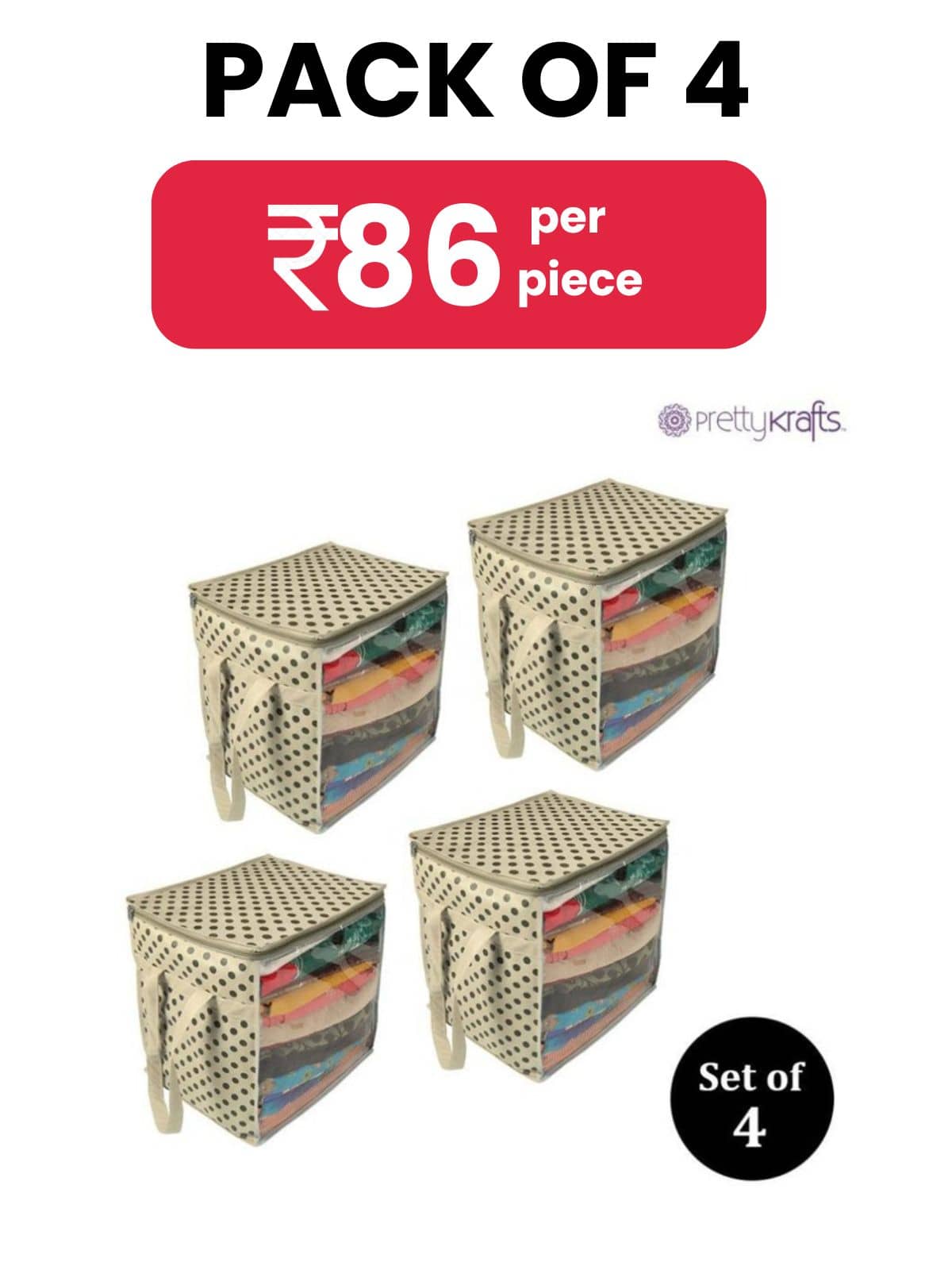 PrettyKrafts Non Woven with Plastic Saree Cover Organizer with Handles and Transparent front (Ivory Dots, XL/15 x 12 x 15 Inches) - Pack of 4 - Handbags | Buy online on ZillyBuy