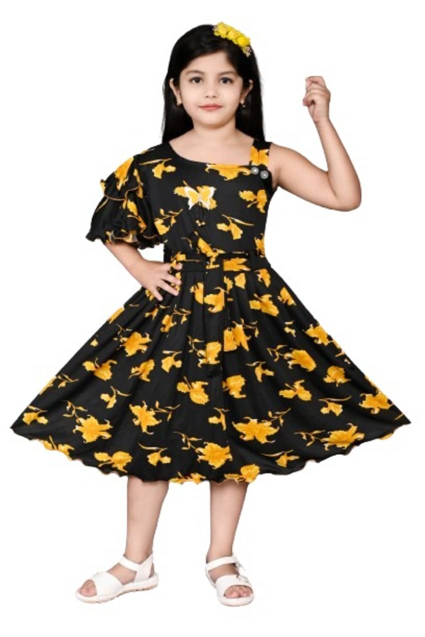     			SM glob Cotton Blend Fit And Flare Dress For Girls ( Pack of 1 , Yellow )