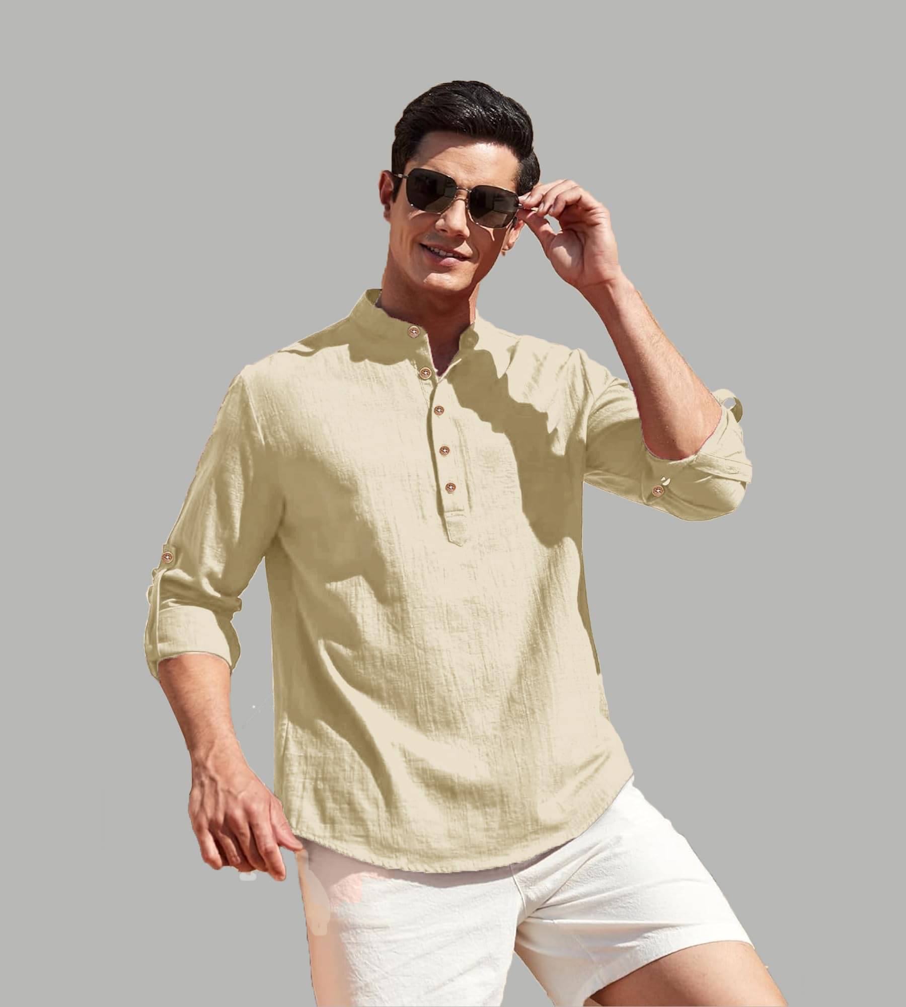     			TrendiVastra Beige Cotton Blend Men's Shirt Style Kurta ( Pack of 1 )