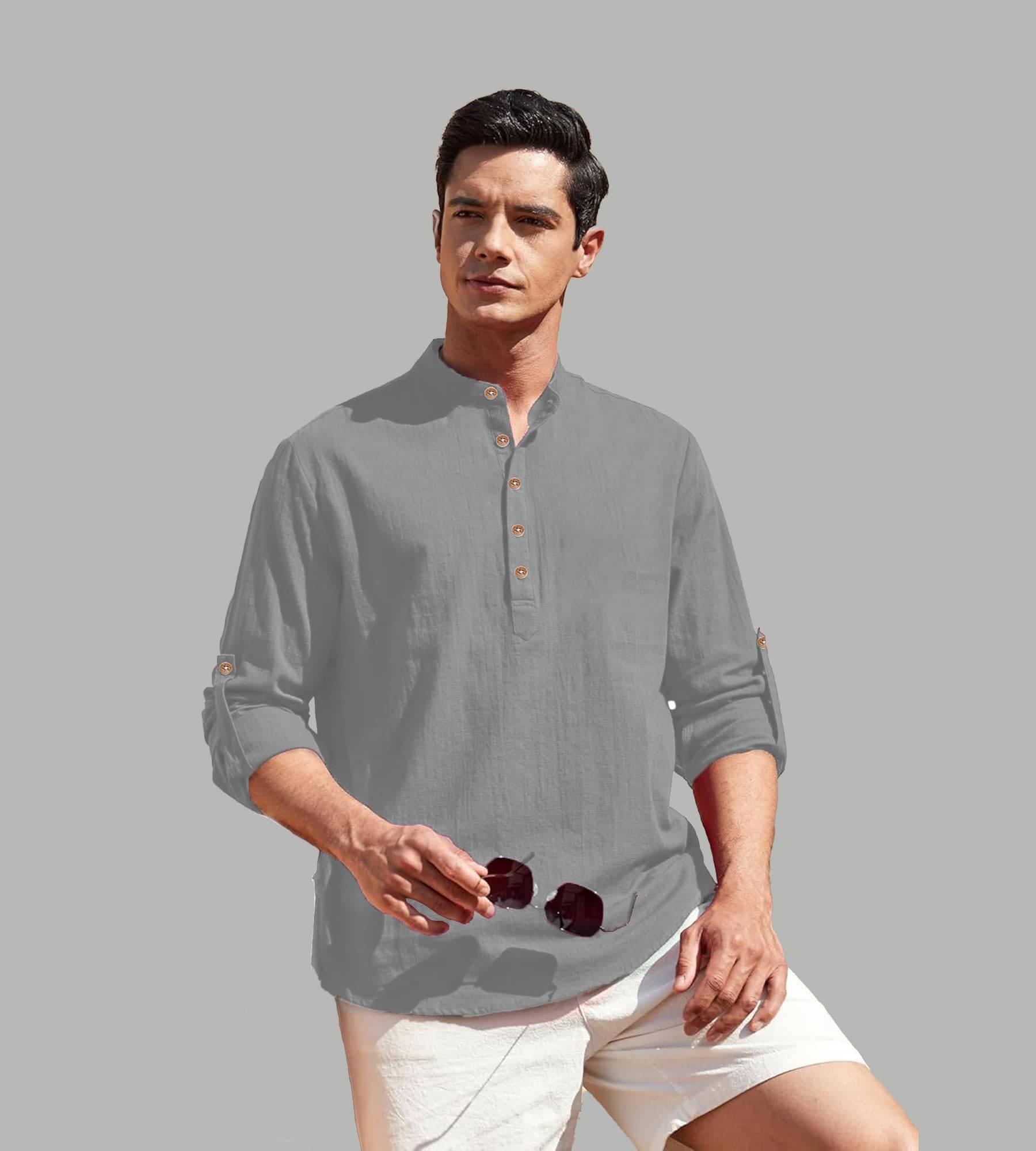 TrendiVastra Grey Cotton Blend Men's Shirt Style Kurta ( Pack of 1 ) TrendiVastra Grey Cotton Blend Men's Shirt Style Kurta ( Pack of 1 )
