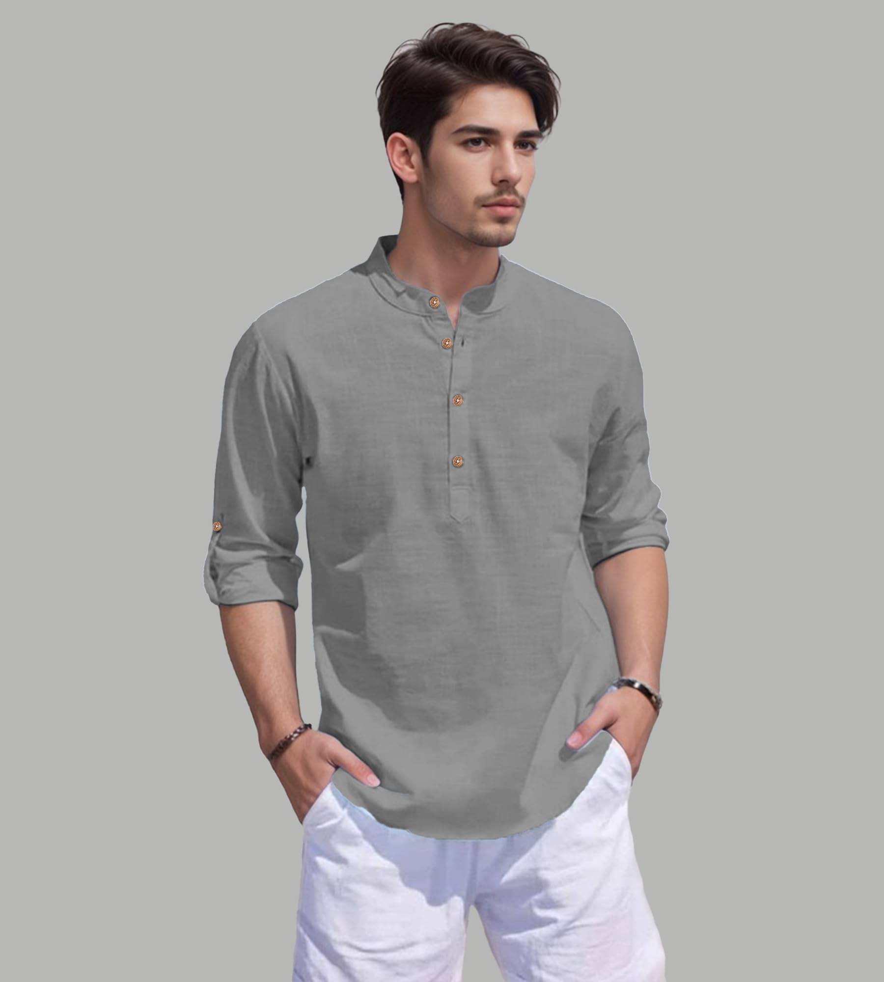 TrendiVastra Grey Cotton Blend Men's Shirt Style Kurta ( Pack of 1 ) TrendiVastra Grey Cotton Blend Men's Shirt Style Kurta ( Pack of 1 )