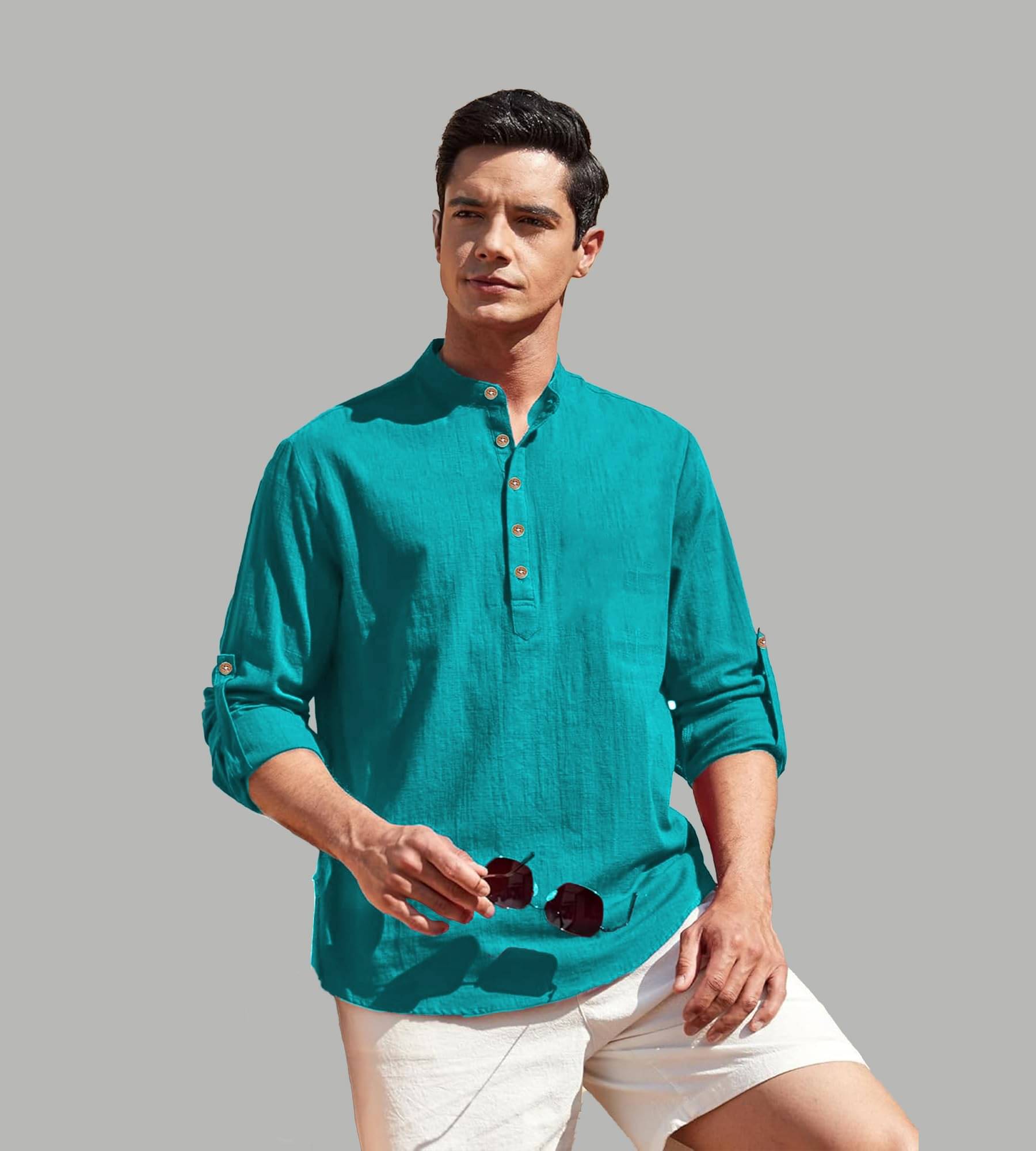 TrendiVastra Turquoise Cotton Blend Men's Shirt Style Kurta ( Pack of 1 ) TrendiVastra Turquoise Cotton Blend Men's Shirt Style Kurta ( Pack of 1 )