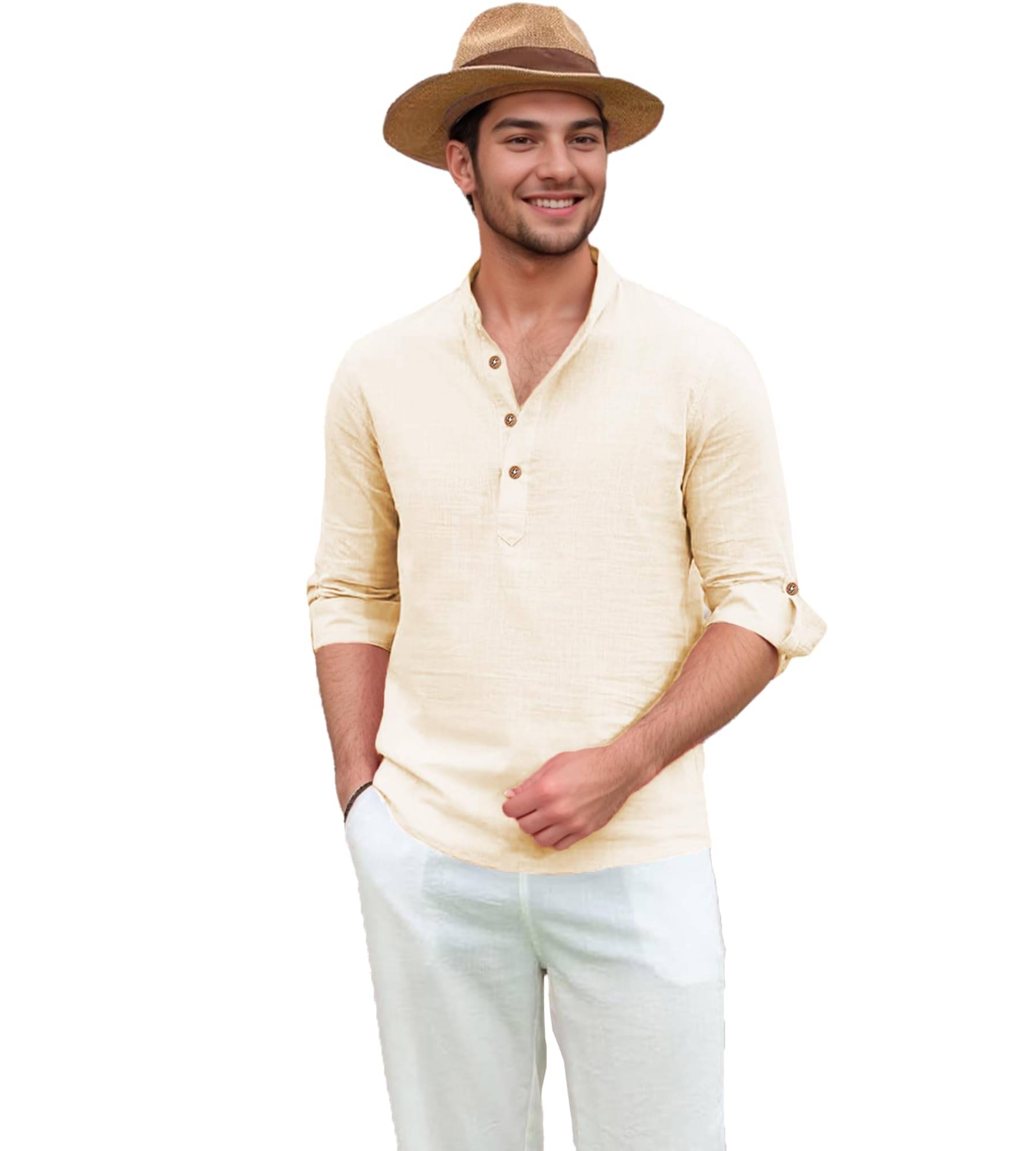     			UNI VIBE Beige Cotton Blend Men's Shirt Style Kurta ( Pack of 1 )