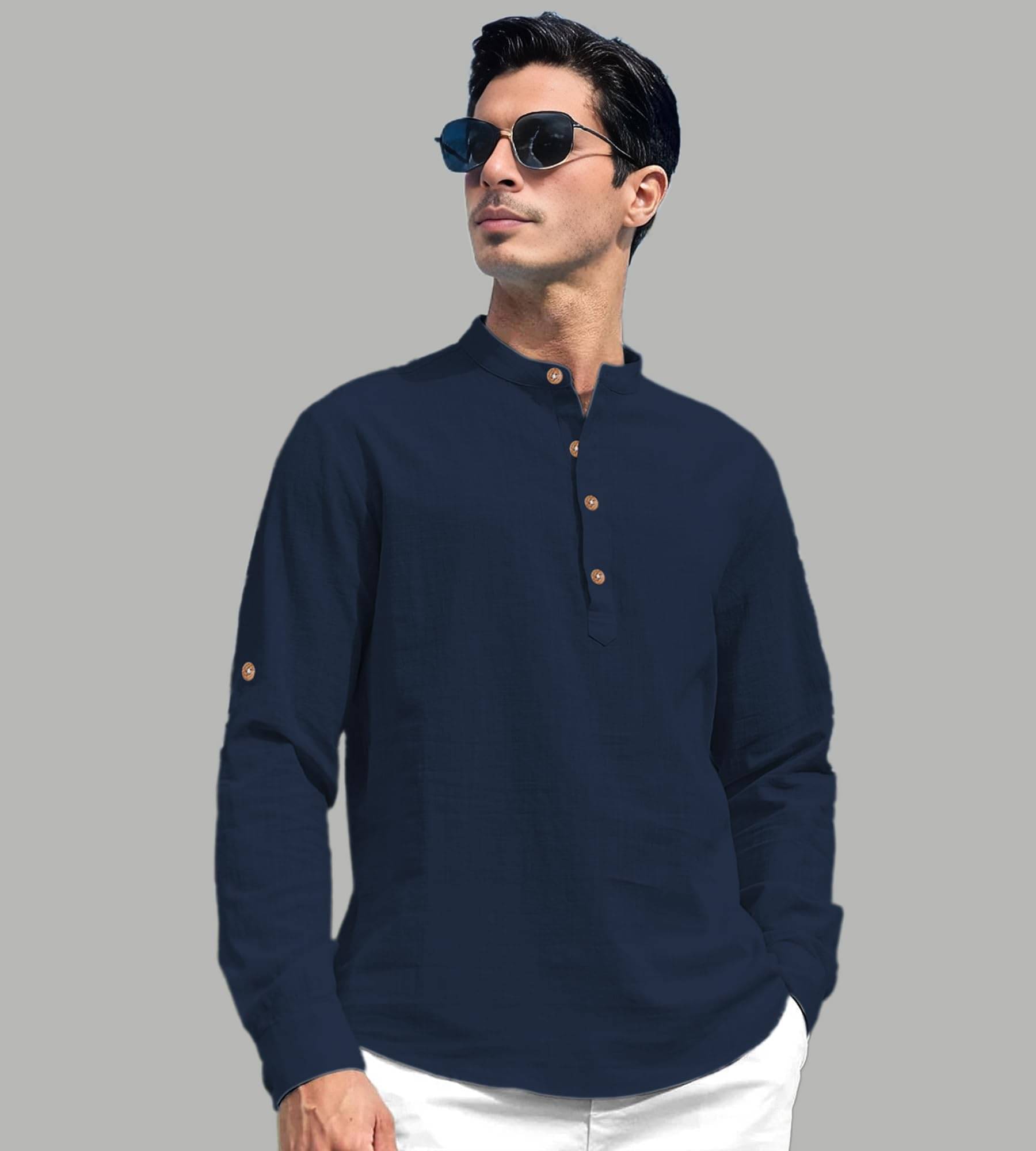     			UNI VIBE Navy Blue Cotton Blend Men's Shirt Style Kurta ( Pack of 1 )