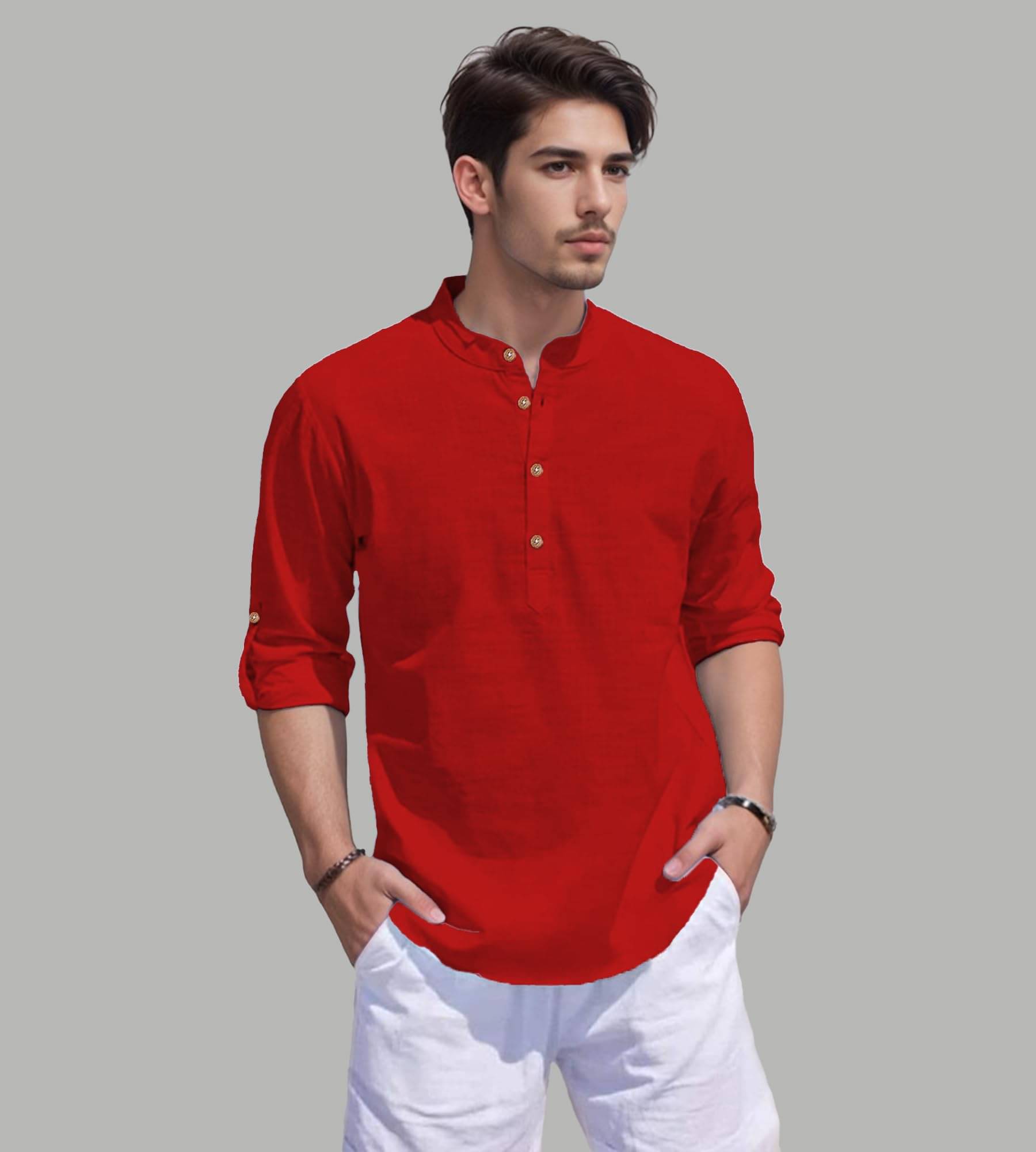     			UNI VIBE Red Cotton Blend Men's Shirt Style Kurta ( Pack of 1 )